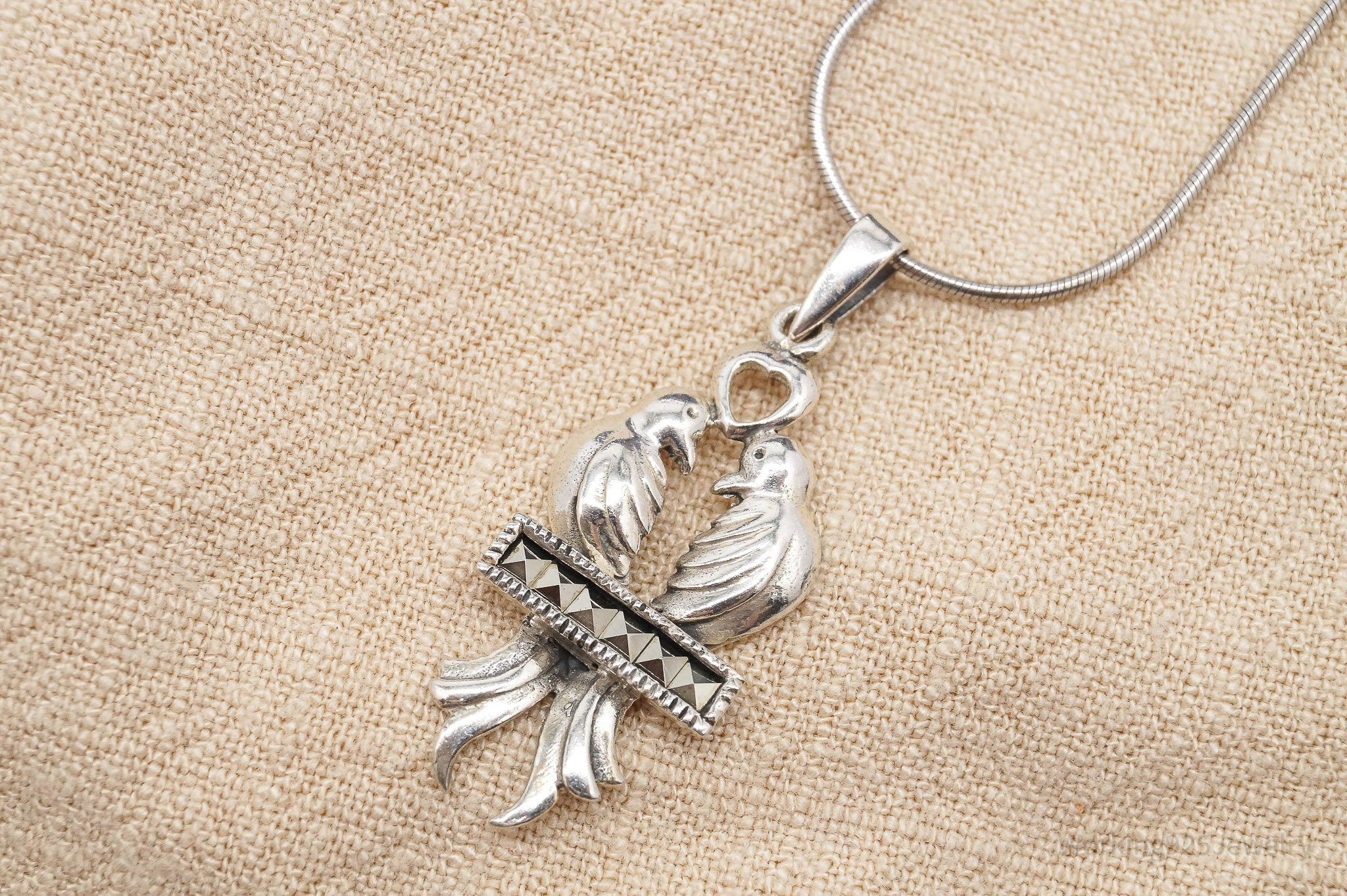 Vintage Love Birds Marcasite Sterling Silver Necklace 16"