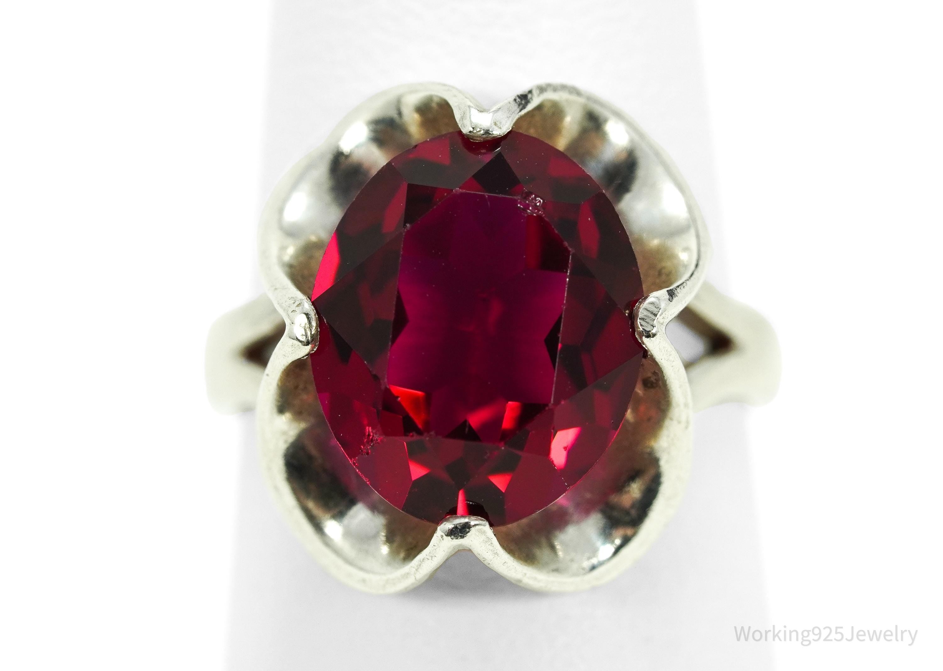 Vintage Mexico Modernist Red Paste Glass Stone Sterling Silver Ring - Size 5