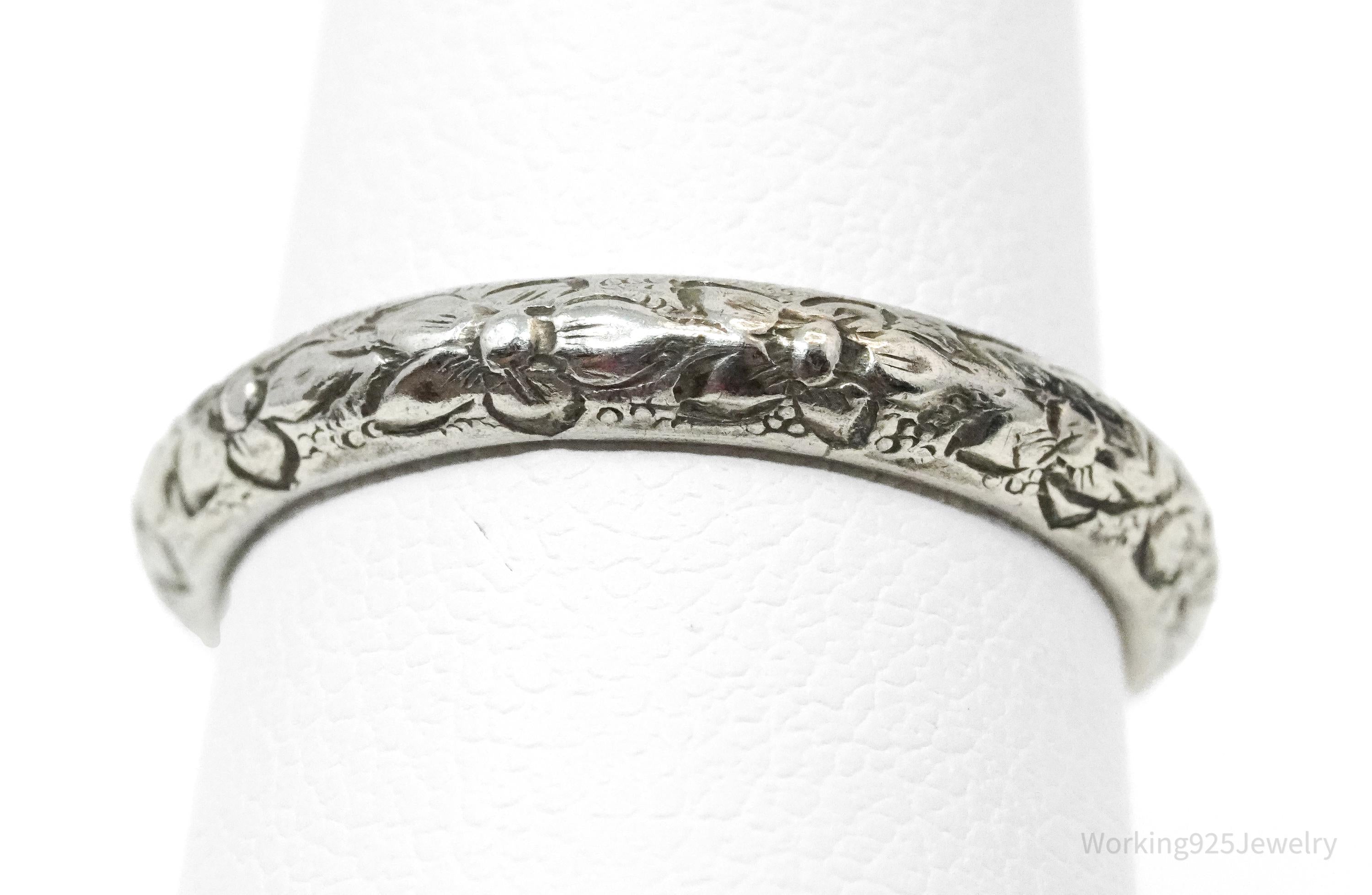 Vintage Floral Pattern Sterling Silver Band Ring - Size 5