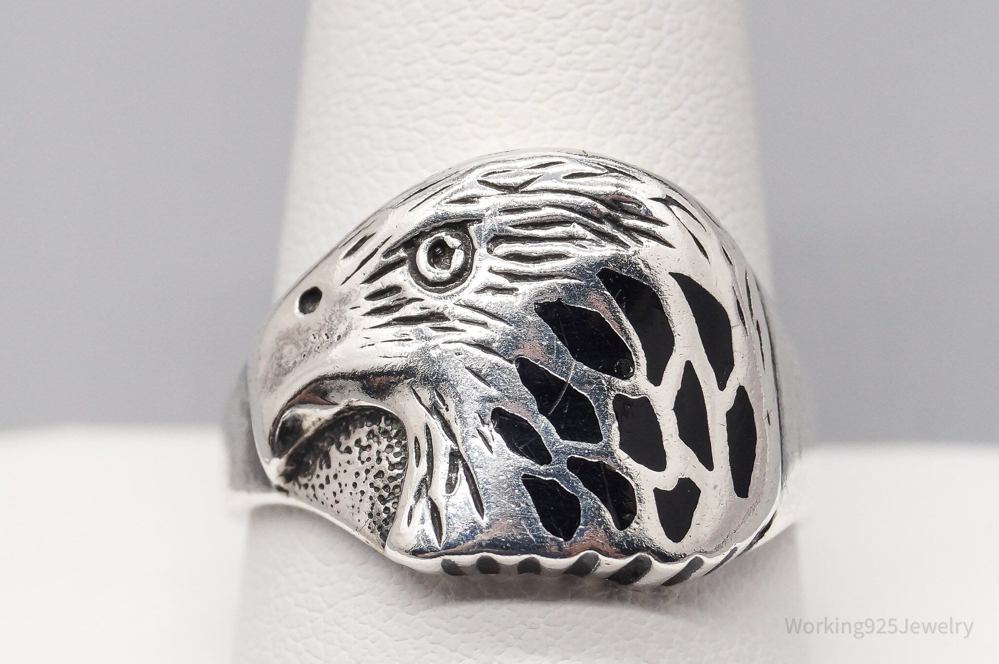 Vintage Native Shop Black Onyx Inlay Eagle Head Sterling Silver Ring - Size 10.75