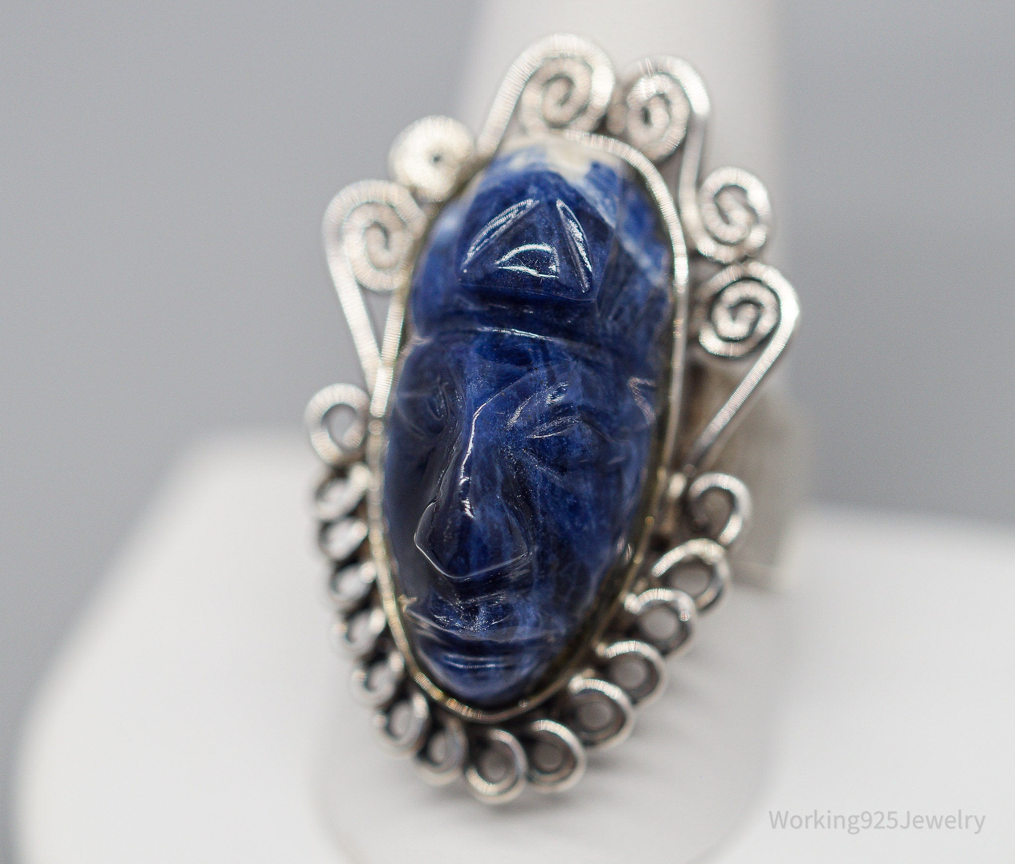 Vintage Carved Sodalite Aztec Mayan Mask Sterling Silver Ring Size 10.5