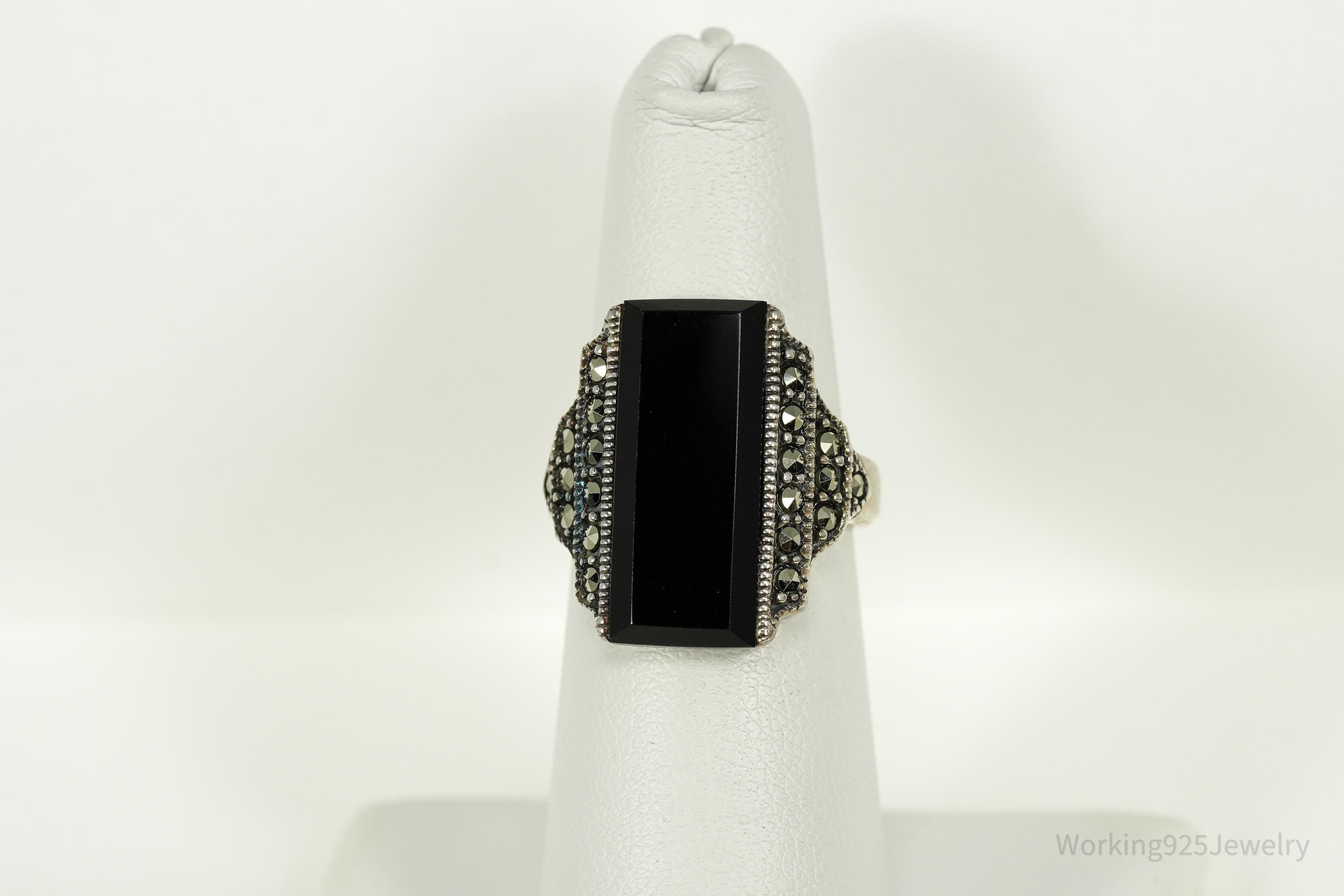 Vintage Large Black Onyx & Marcasite Sterling Silver Ring - Size 6