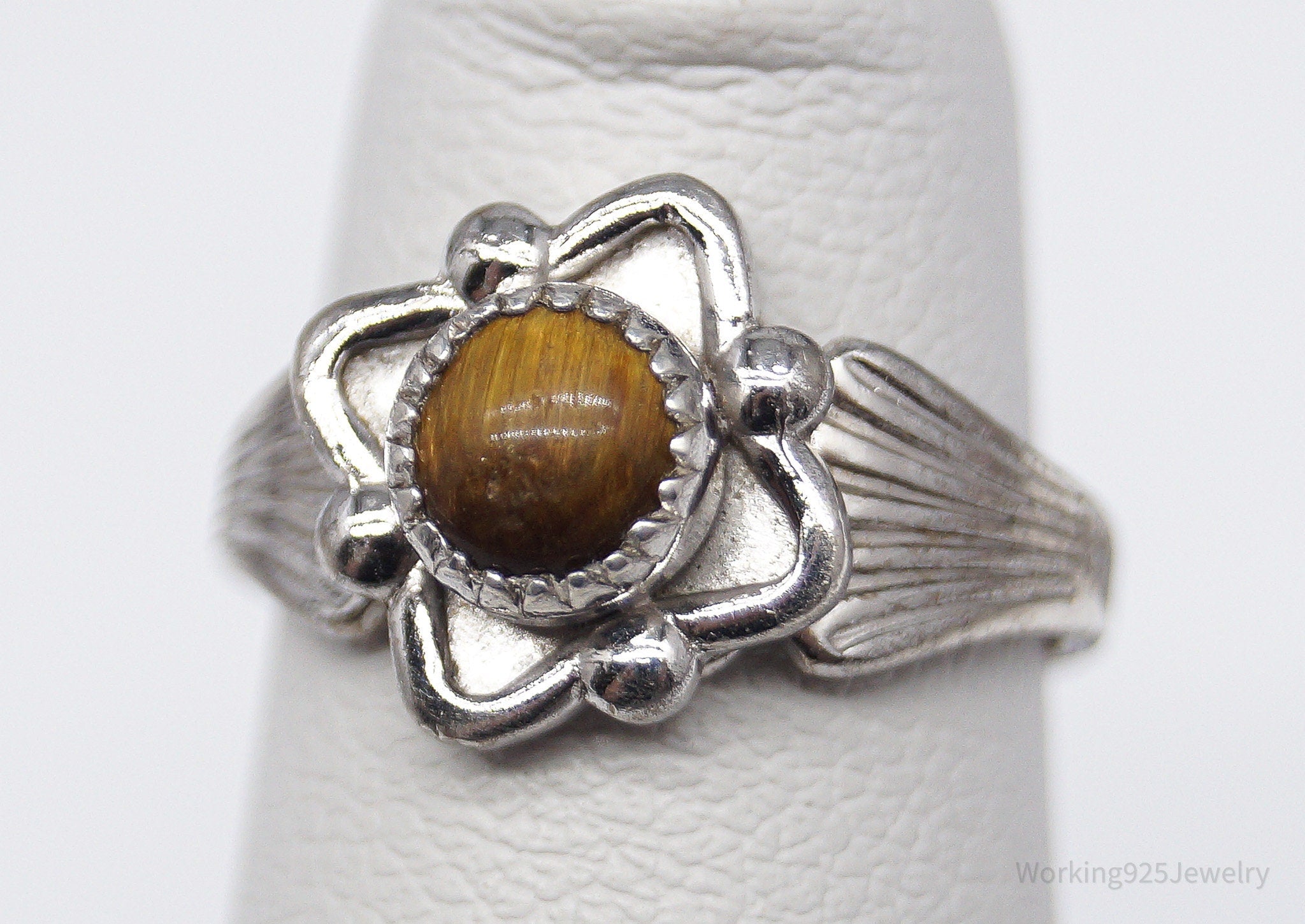 Vintage Native American Signed JP Tigers Eye Sterling Silver Ring - Size 2.75
