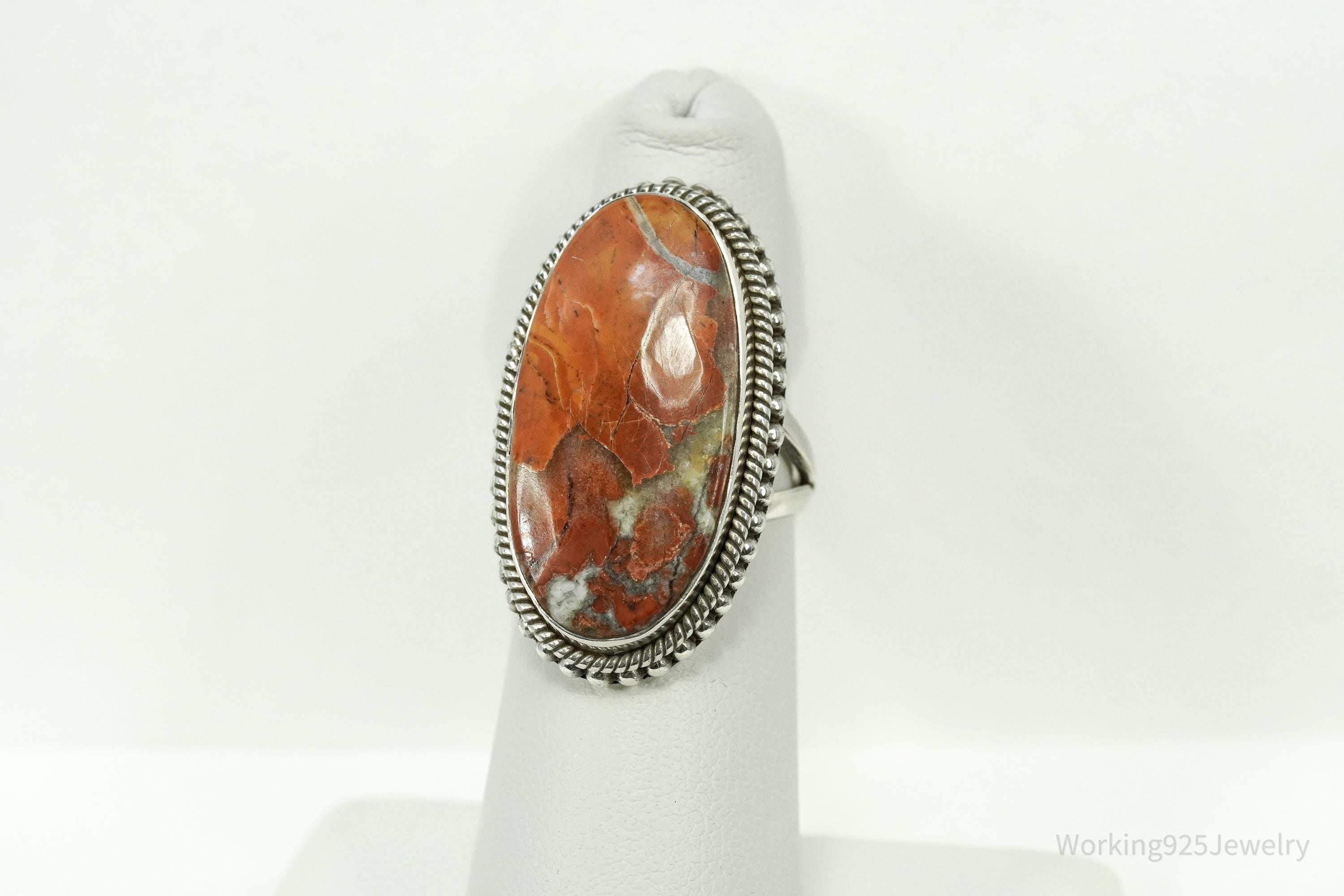 Vintage Large Orange Maligano Jasper Sterling Silver Ring - Size 5.5