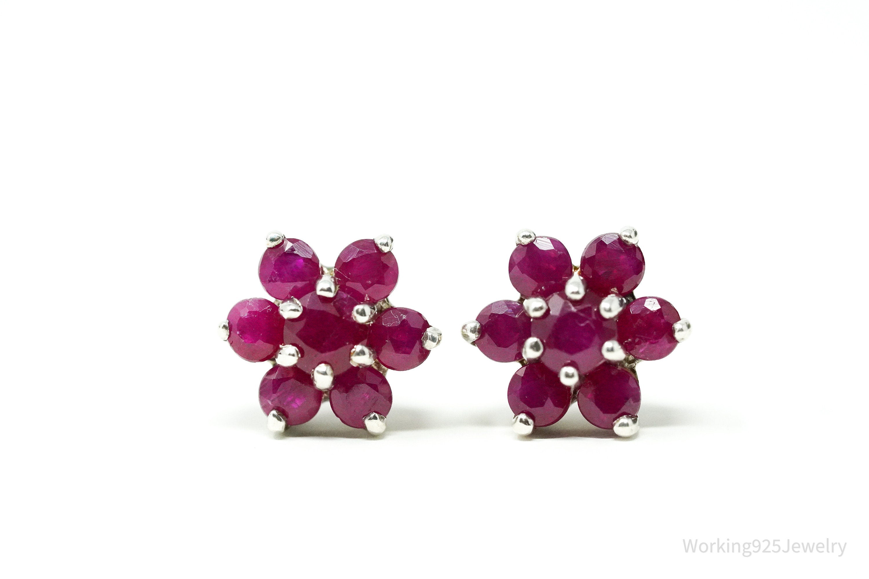 Vintage Ruby Flower Silver Earrings