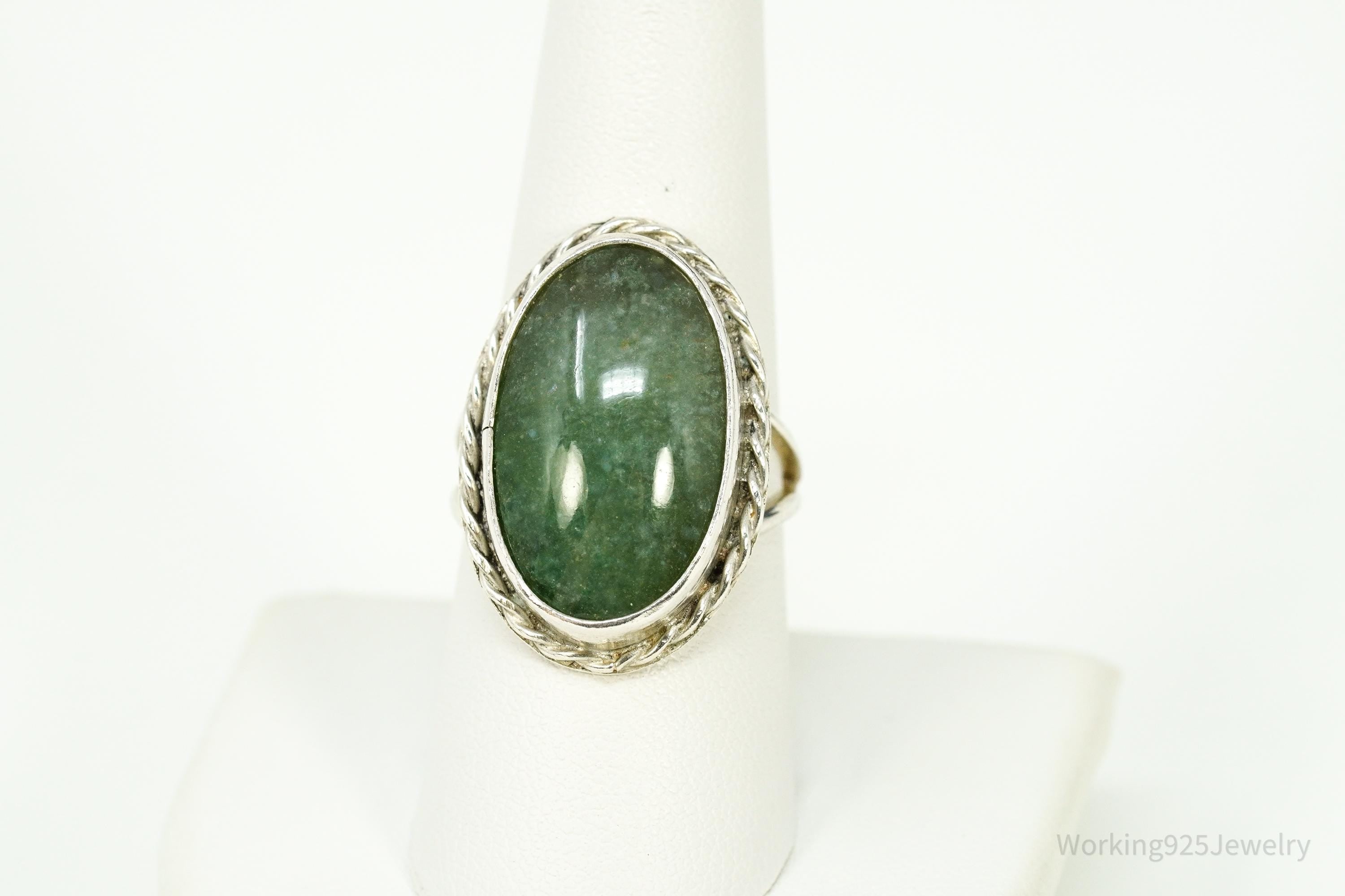 Vintage Green Jade Silver Ring - Size 8.25