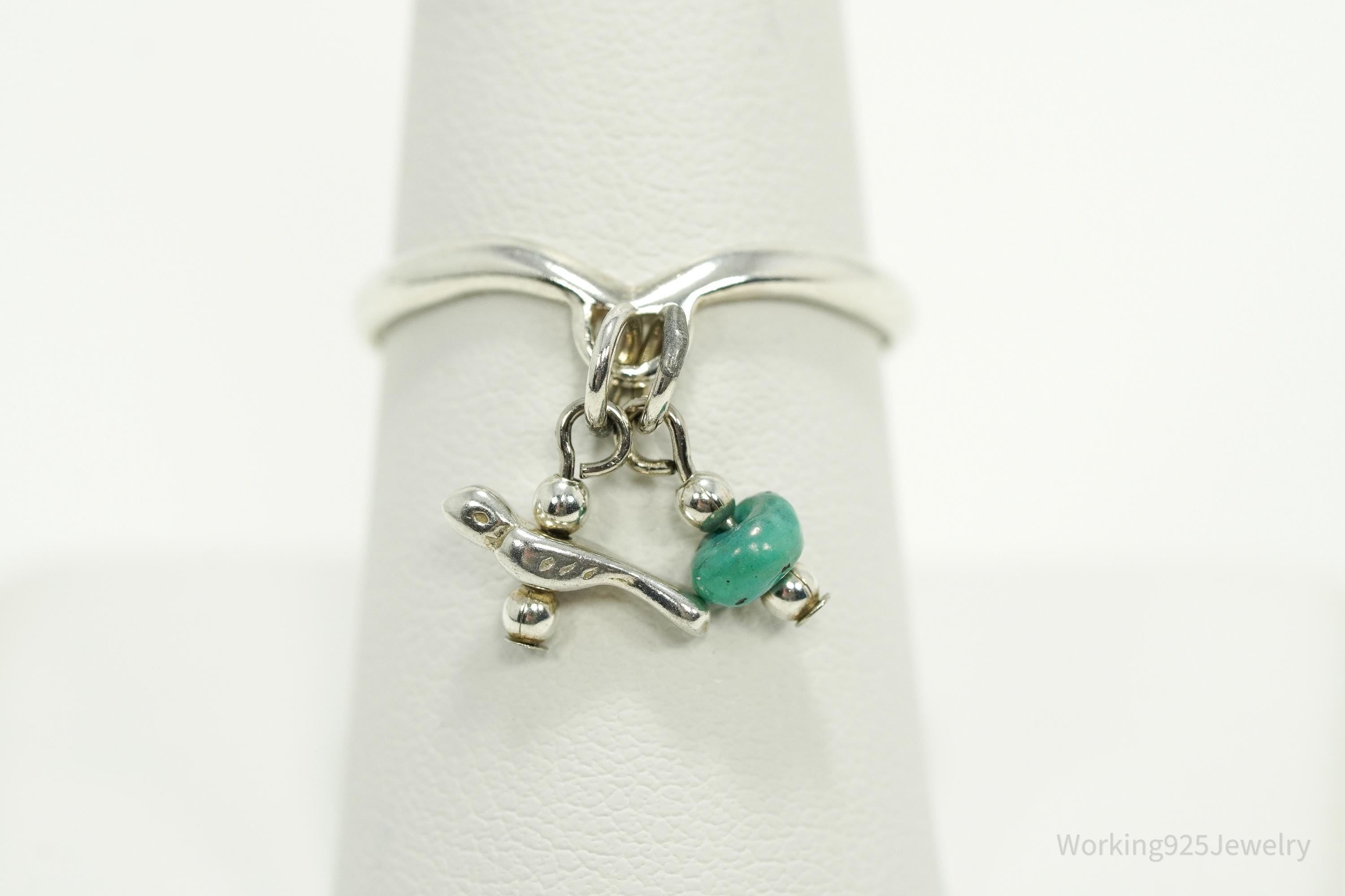 Vintage Native American Turquoise Nugget & Bird Charm Sterling Silver Ring - Size 9.25