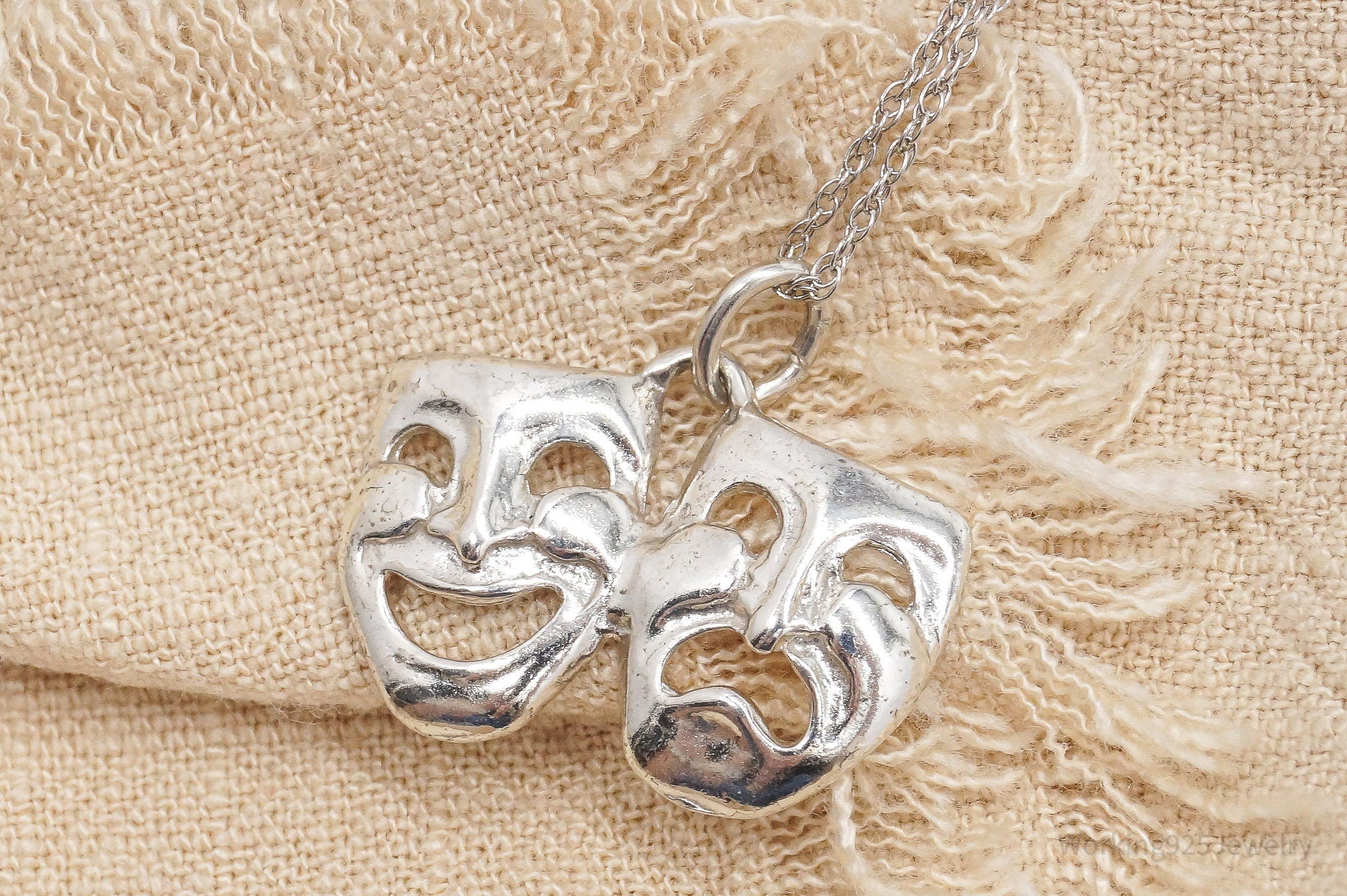 Vintage Tragedy Comedy Masks Sterling Silver Necklace 18"