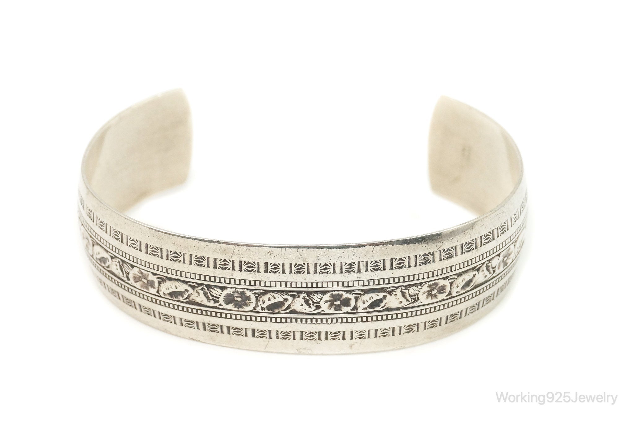 Vintage Designer Danecraft Sterling Silver Floral Wide Cuff Bracelet