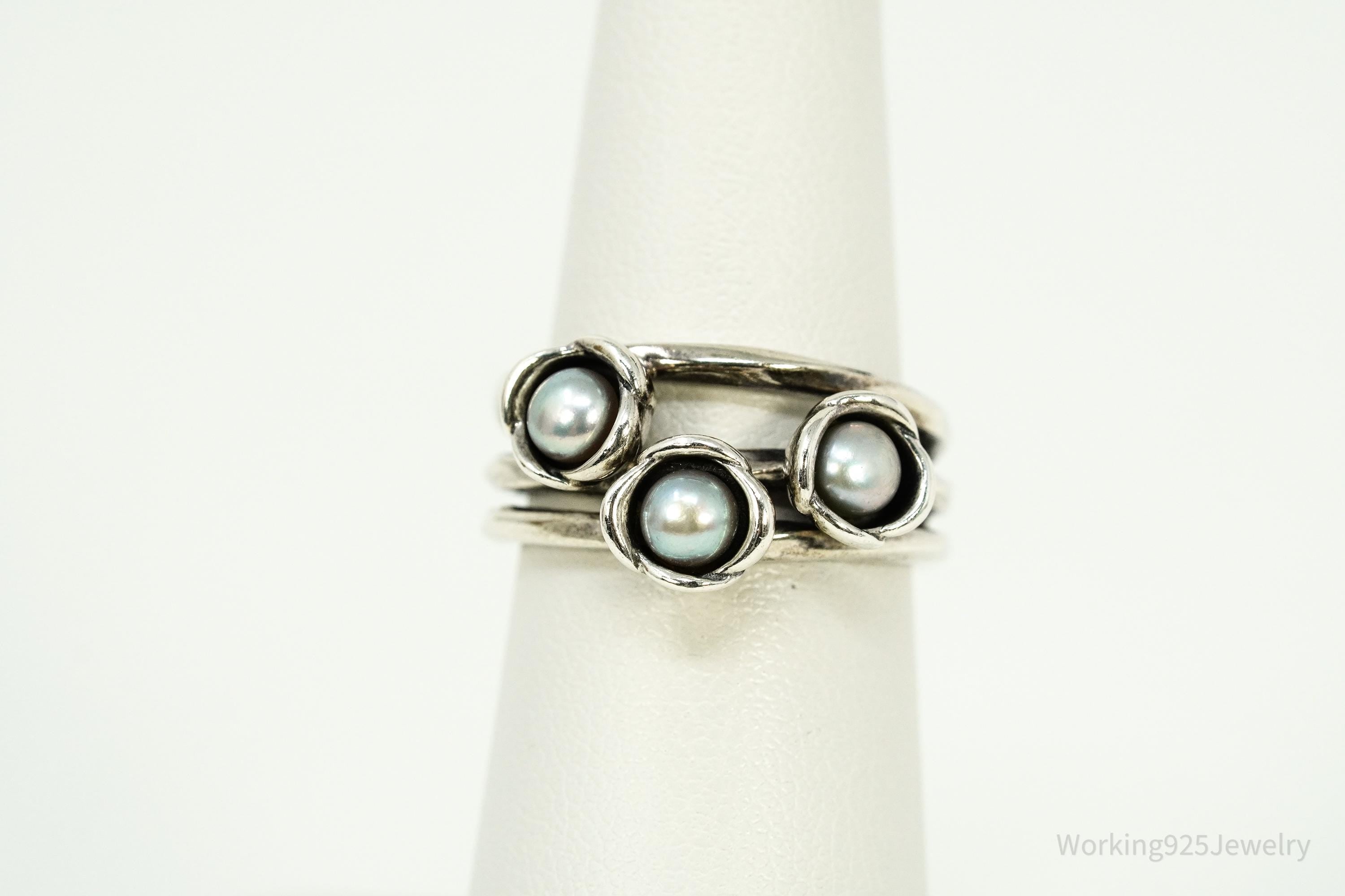 Retired Vintage Designer Pandora Pearl Three Wishes Sterling Silver Ring - Size 6