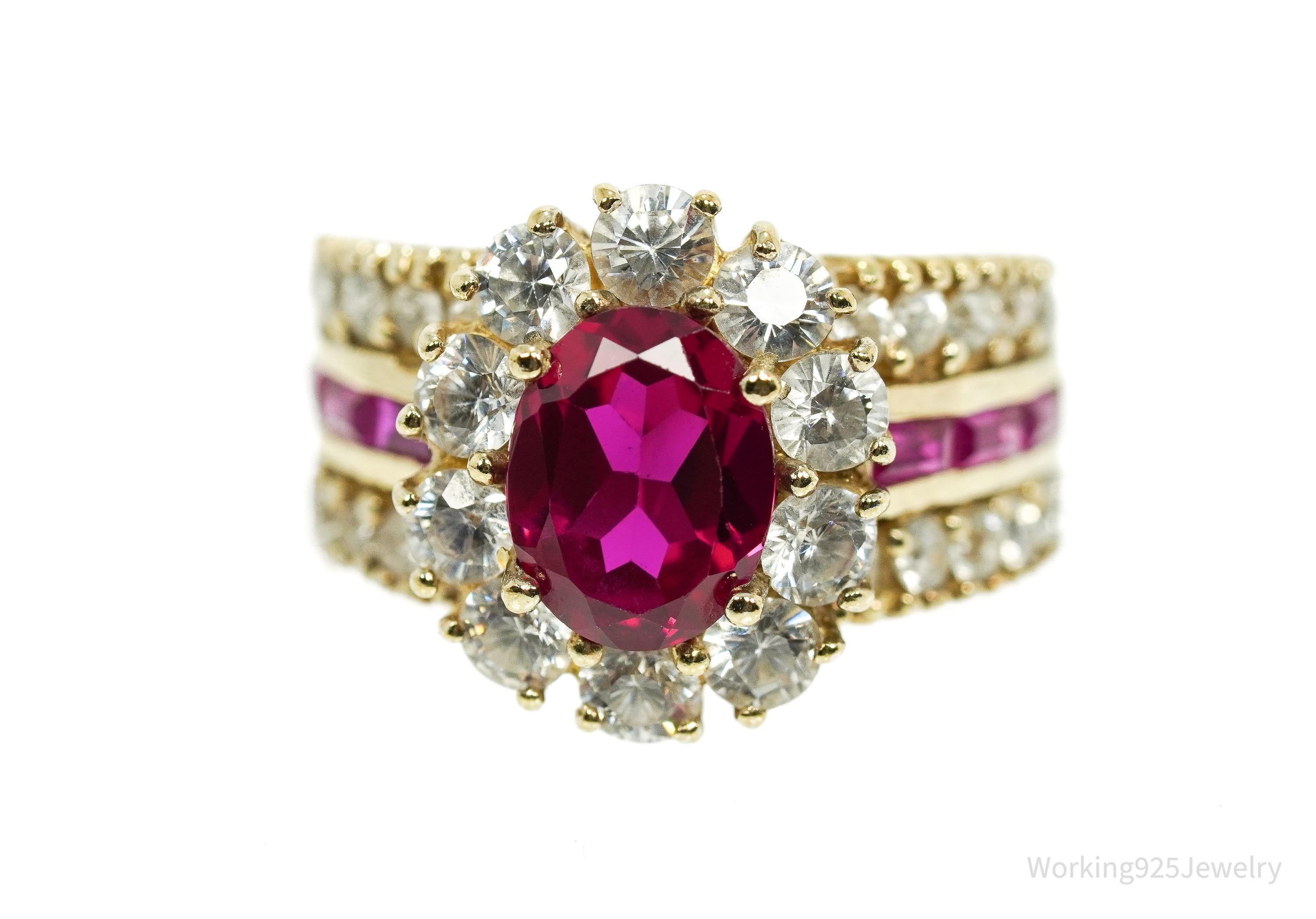 Vintage Ruby & Cubic Zirconia Gold Vermeil Sterling Silver Ring Size 6.25