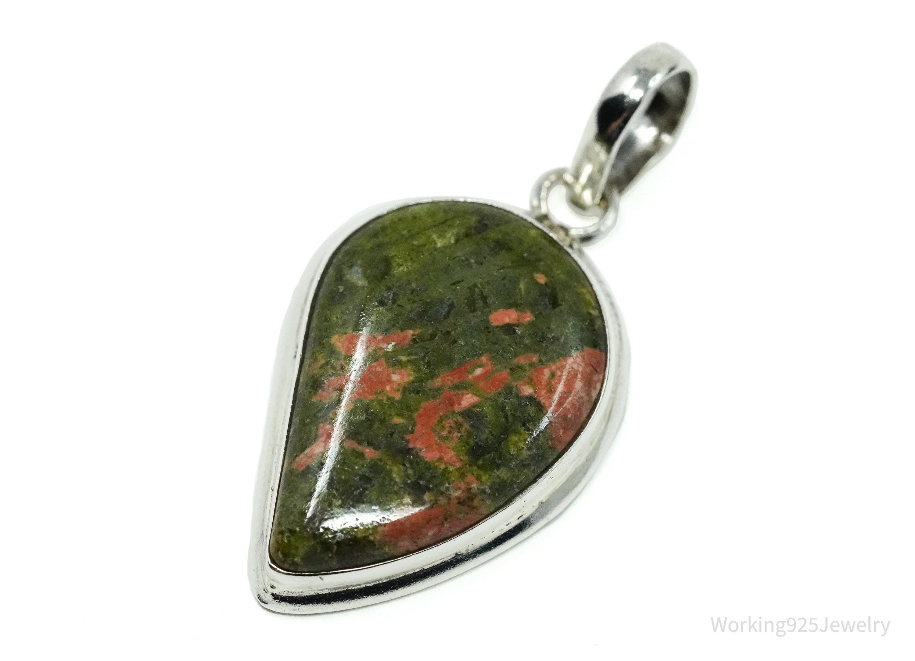 Vintage Large Unakite Sterling Silver Necklace Pendant
