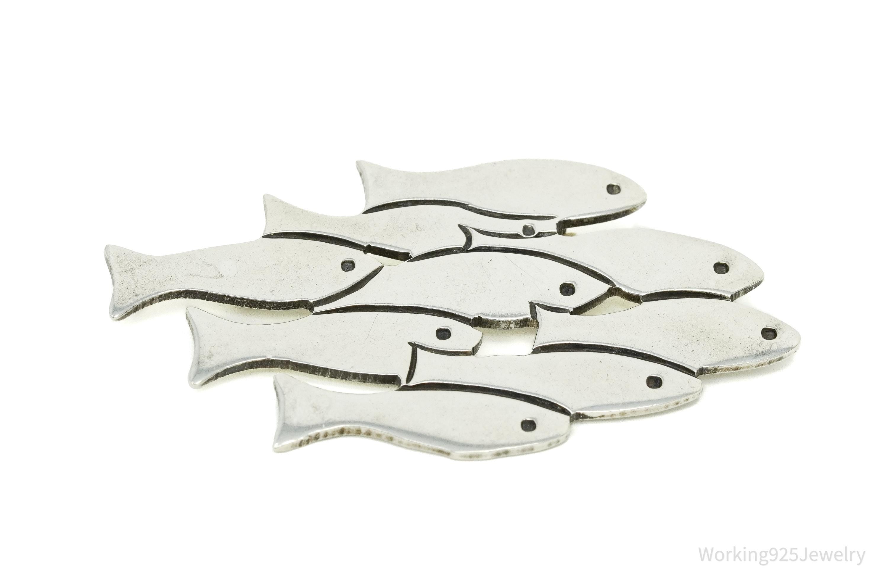 Large Vintage Mexico School Of Fish Sterling Silver Brooch Pin