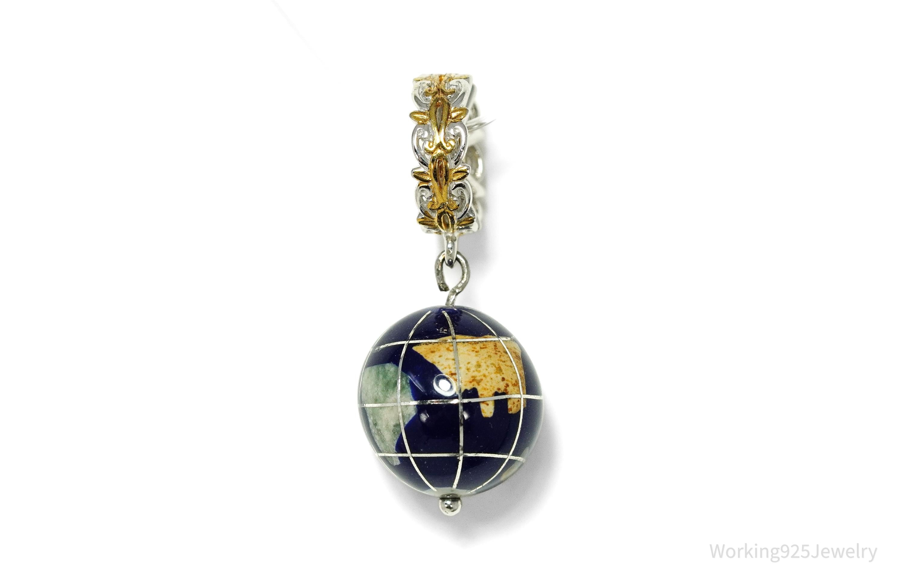Designer Michael Valitutti Multi Gem Inlay Globe Gold Sterling Silver Charm Pendant