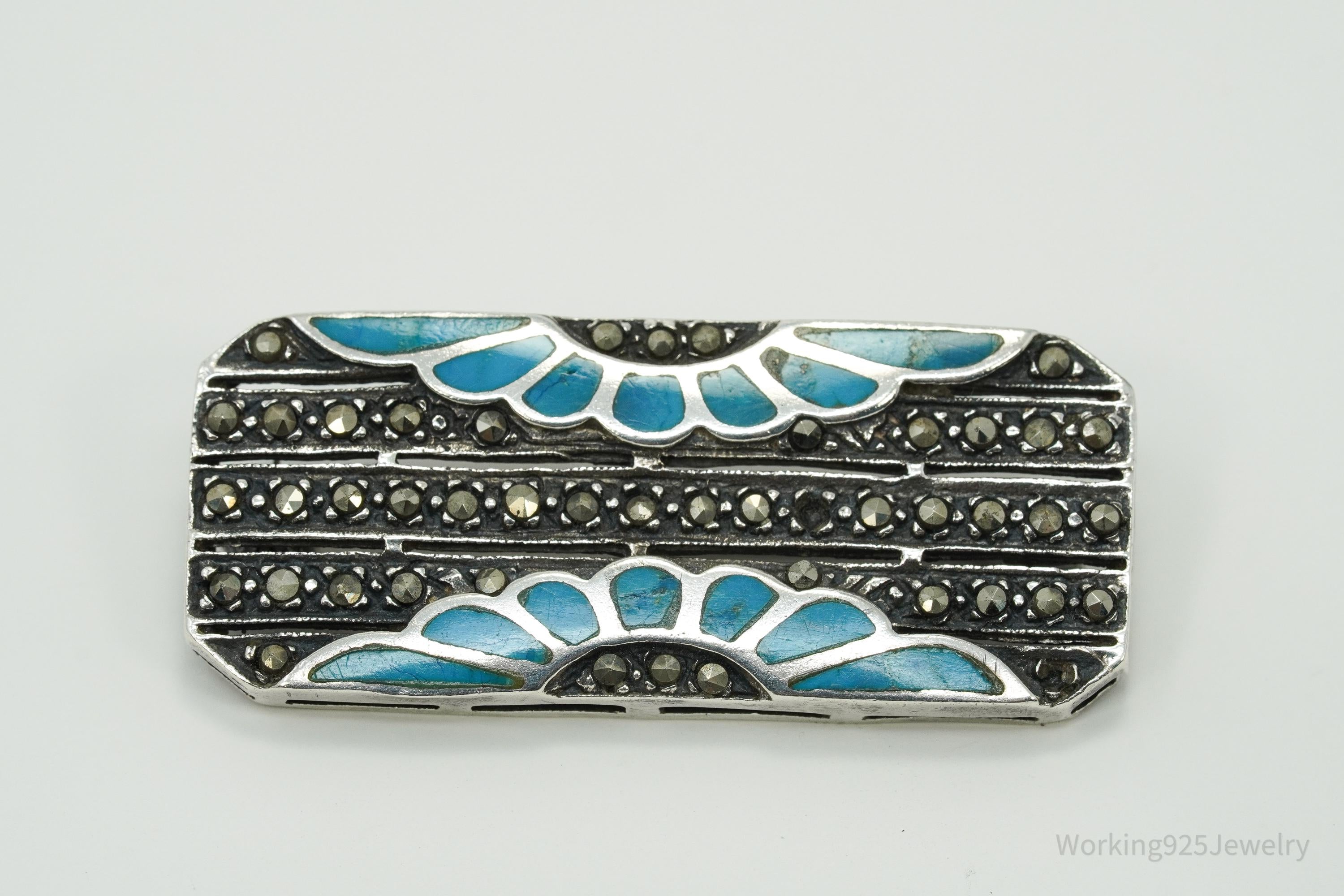 Vintage Marcasite & Turquoise Inlay Art Deco Style Sterling Silver Brooch Pin