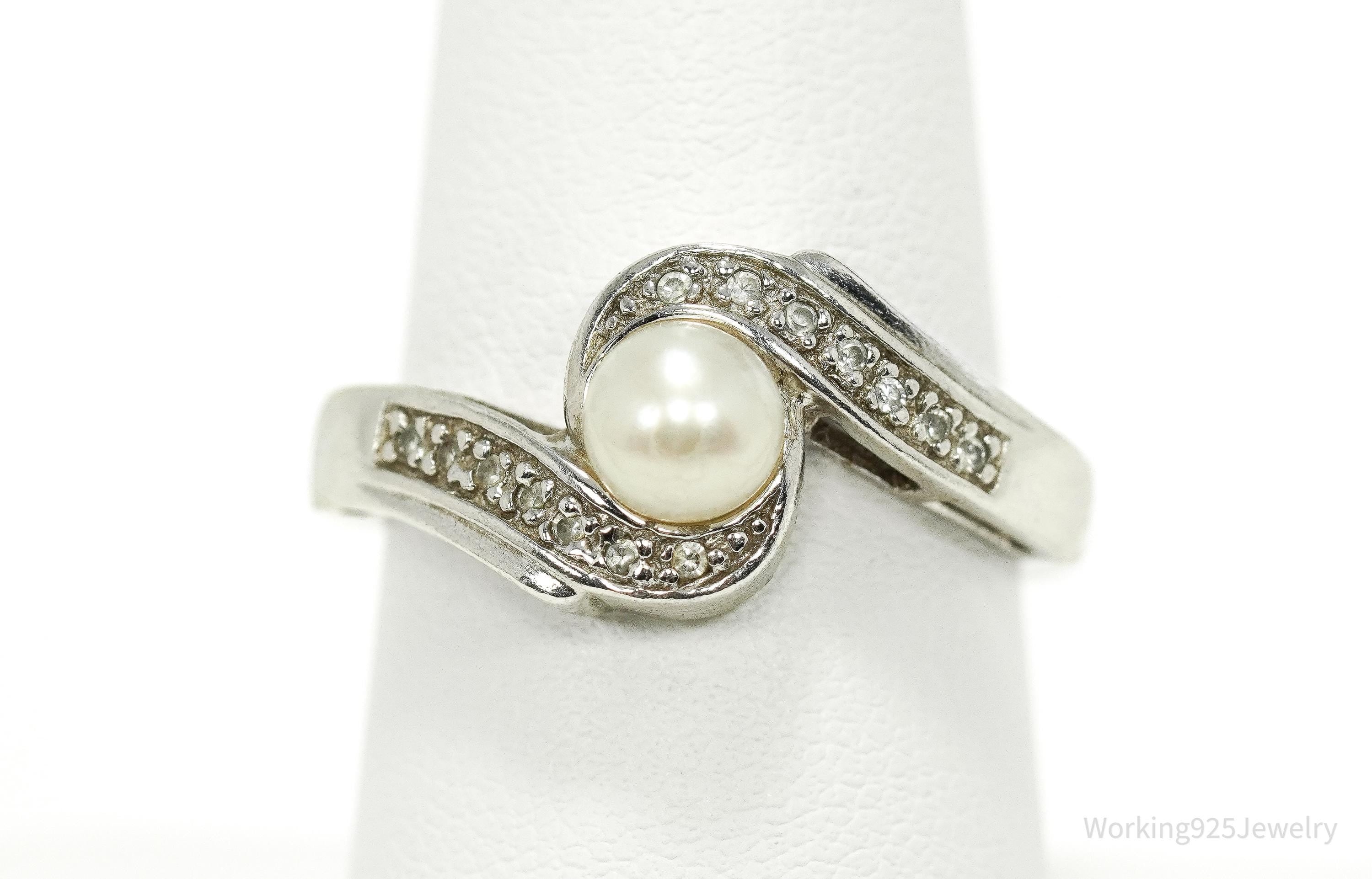 Vintage Pearl & Cubic Zirconia Sterling Silver Ring - Size 8