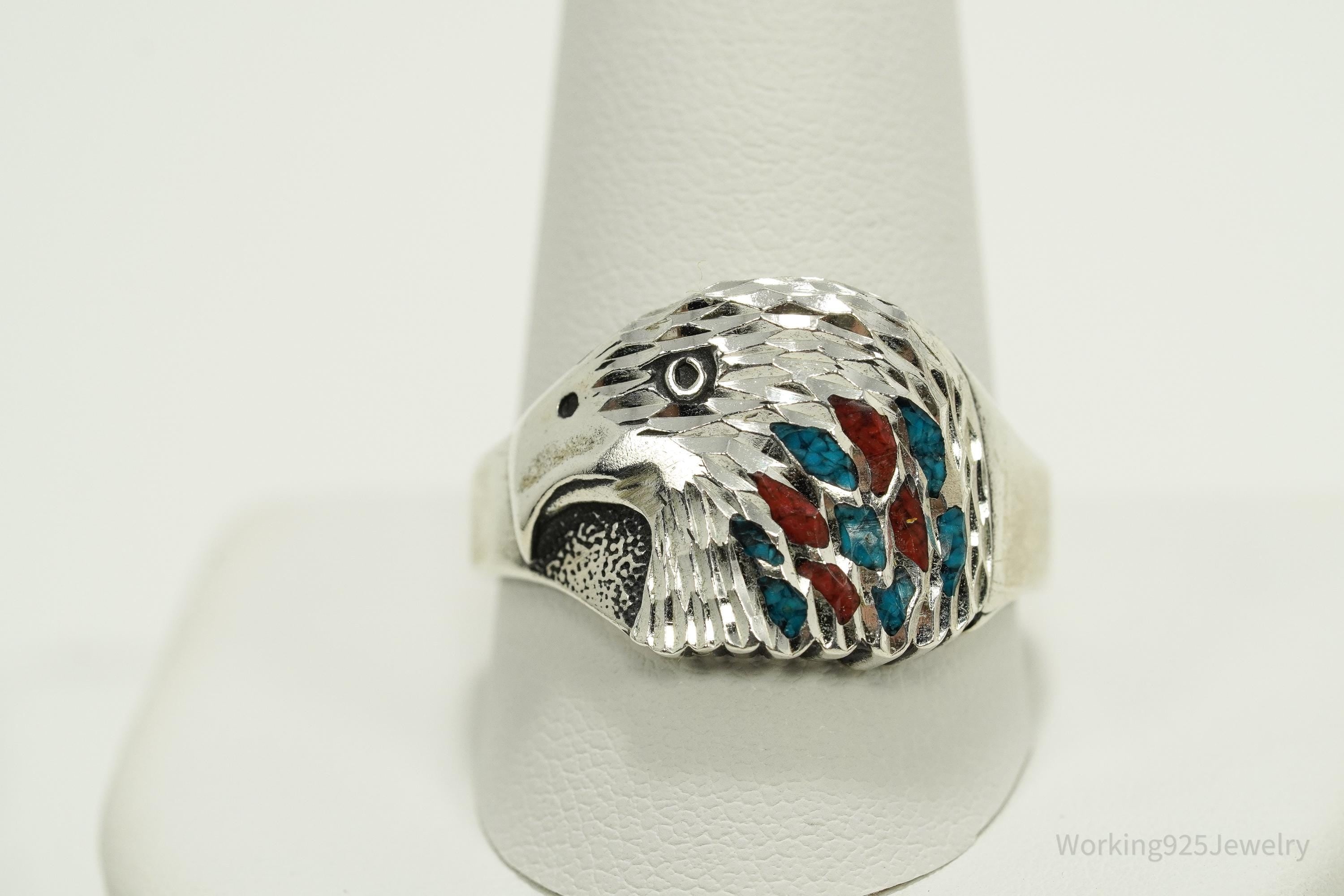 Vintage Native American Style Turquoise Coral Eagle Head Sterling Ring Size 12.25