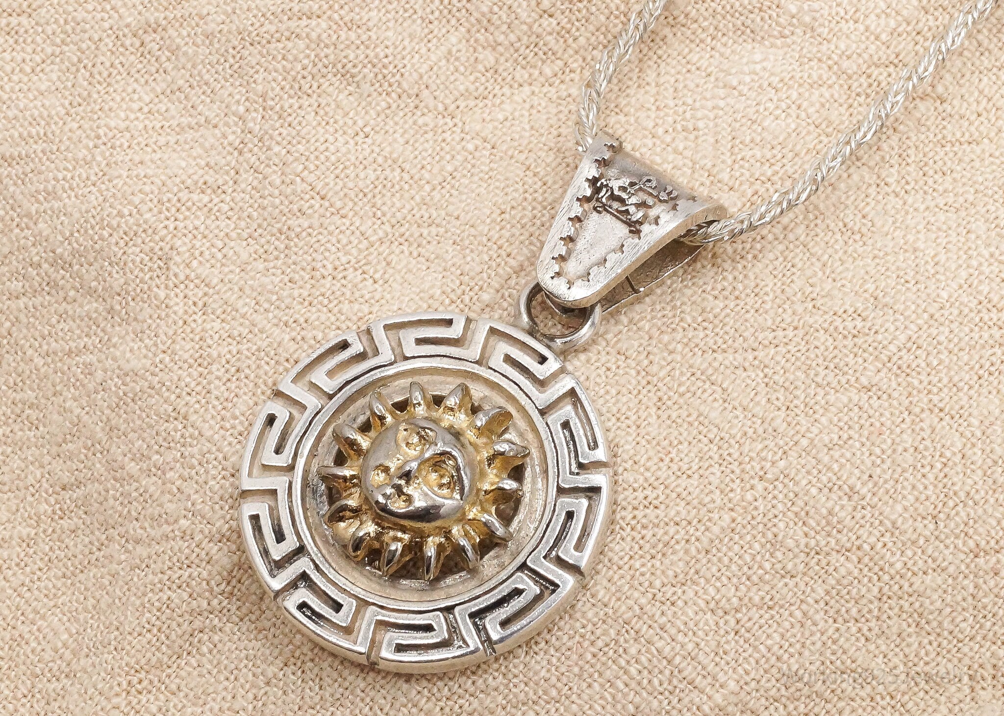 Vintage Mexico Golden Sun Sterling Silver Chain Necklace 18"