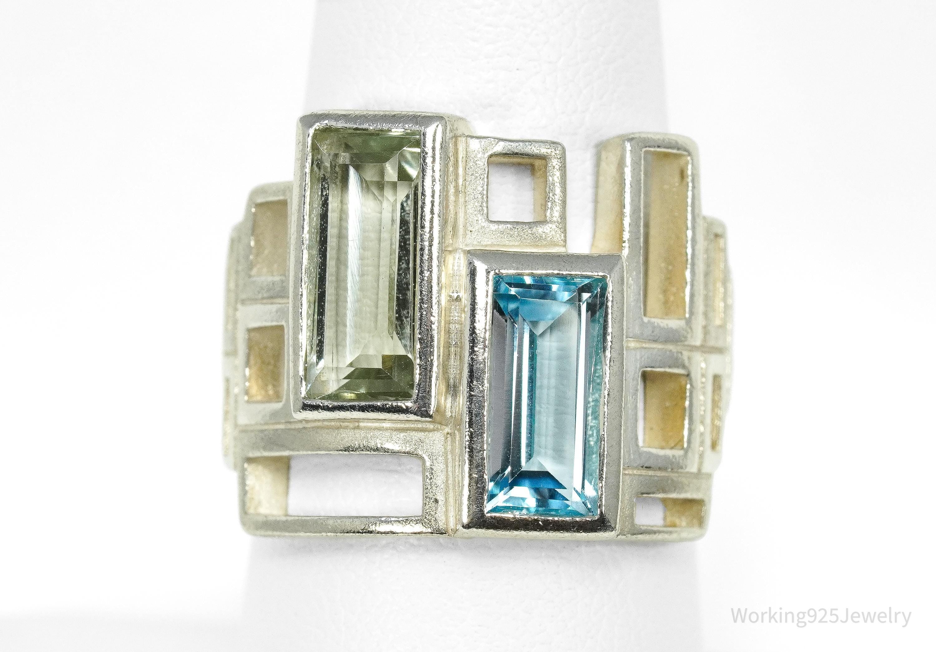 Vintage Green Amethyst & Blue Topaz Modernist Style Sterling Silver Irish Ring - Size 7.25