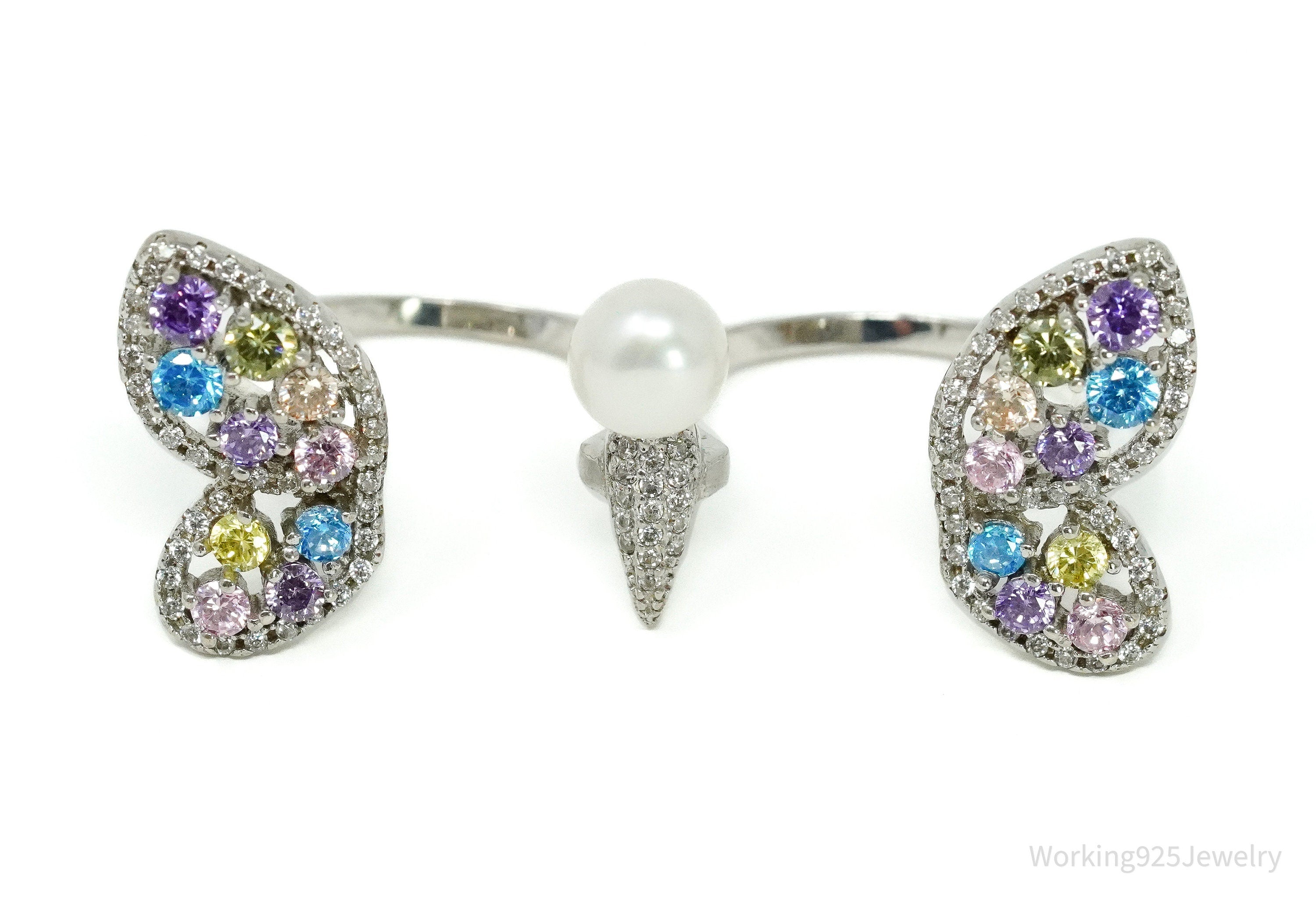 FZN Pearl & Multi Color Cubic Zirconia Butterfly Sterling Silver Ring - Size 7