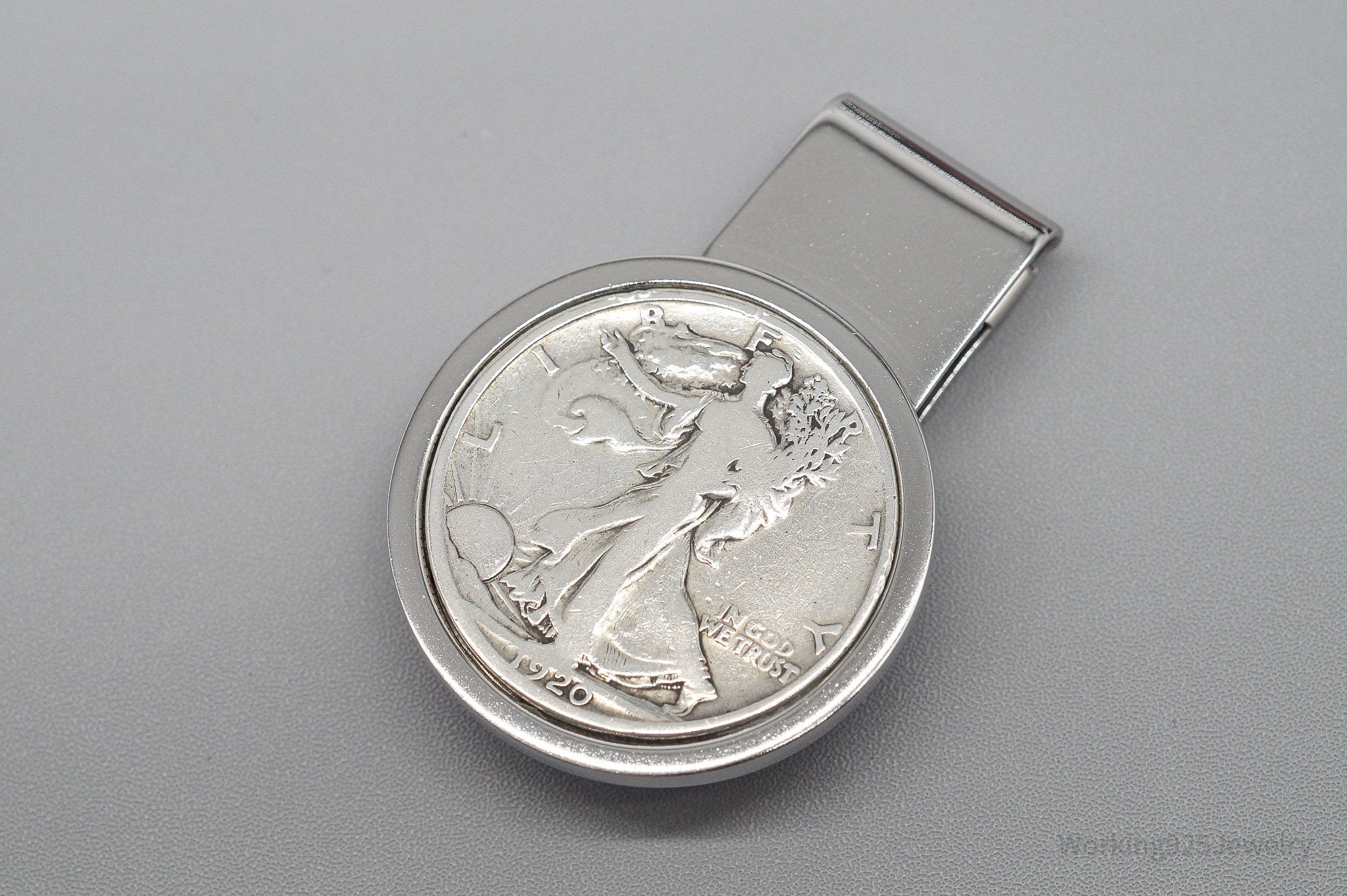Antique Vintage 1920 Walking Liberty Half Dollar Silver Coin St. Steel Money Clip