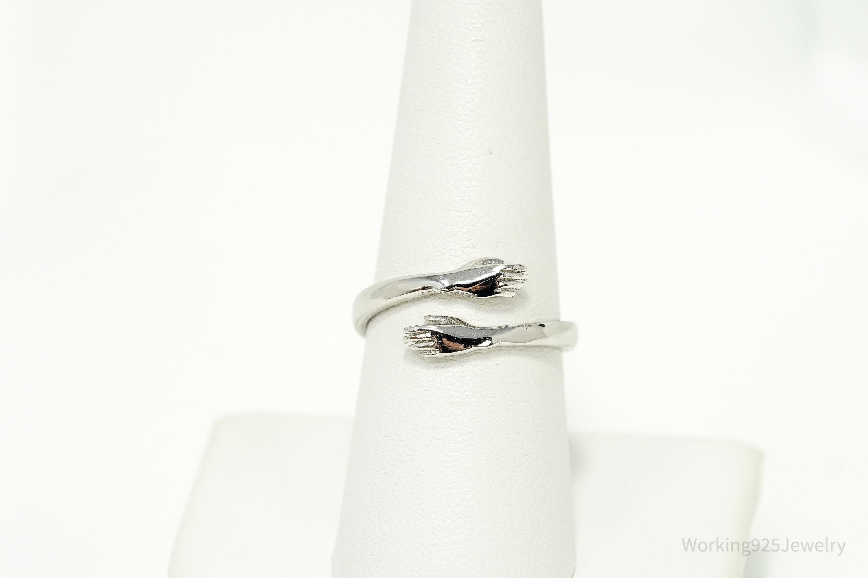 Vintage Hugging Hands Sterling Silver Wrap Ring - Size 8 Adjustable