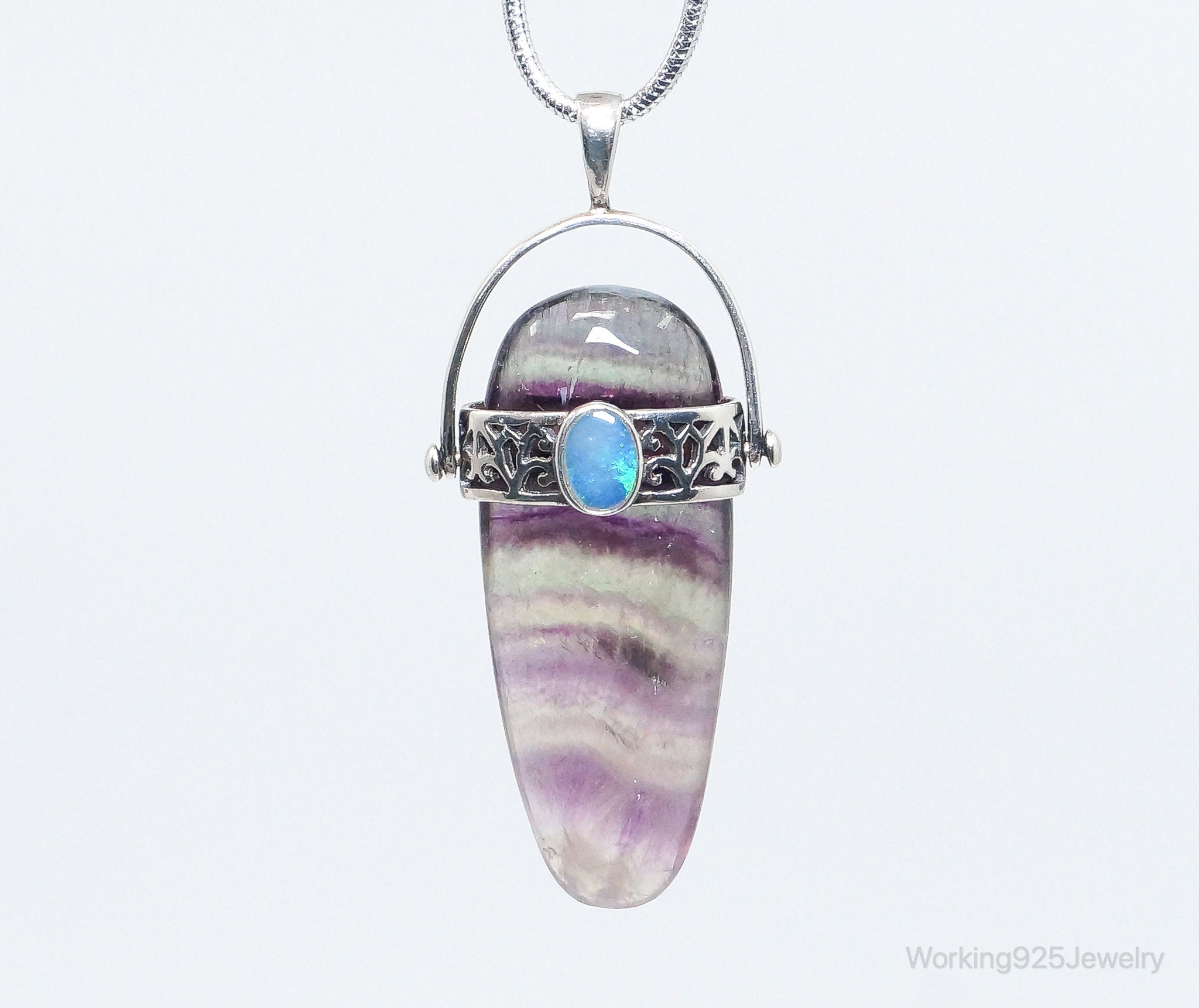 Vintage Purple & Green Fluorite Blue Opal Sterling Silver Pendant
