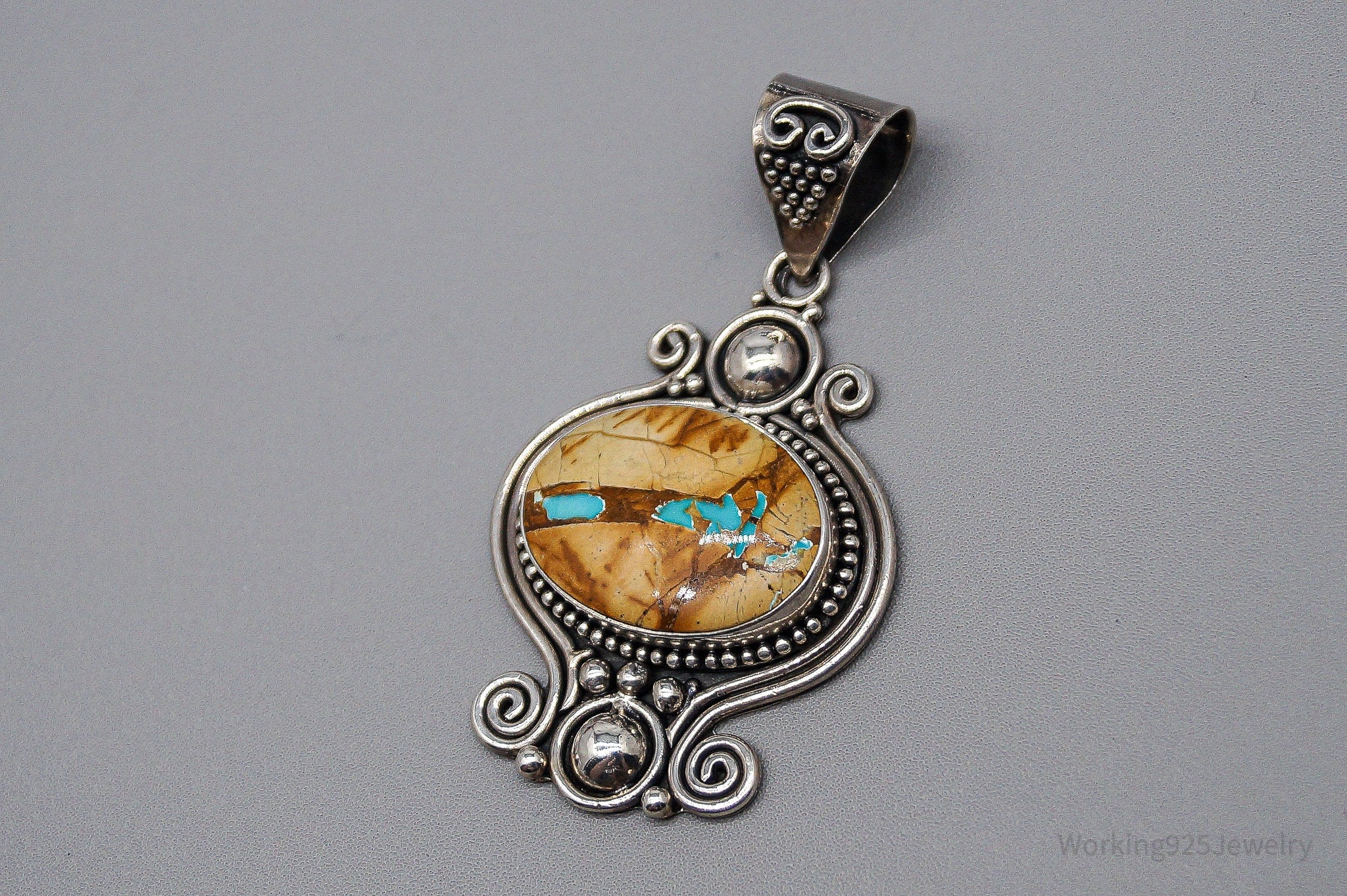 Large Vintage BNY Jasper With Hint Of Turquoise Sterling Silver Pendant