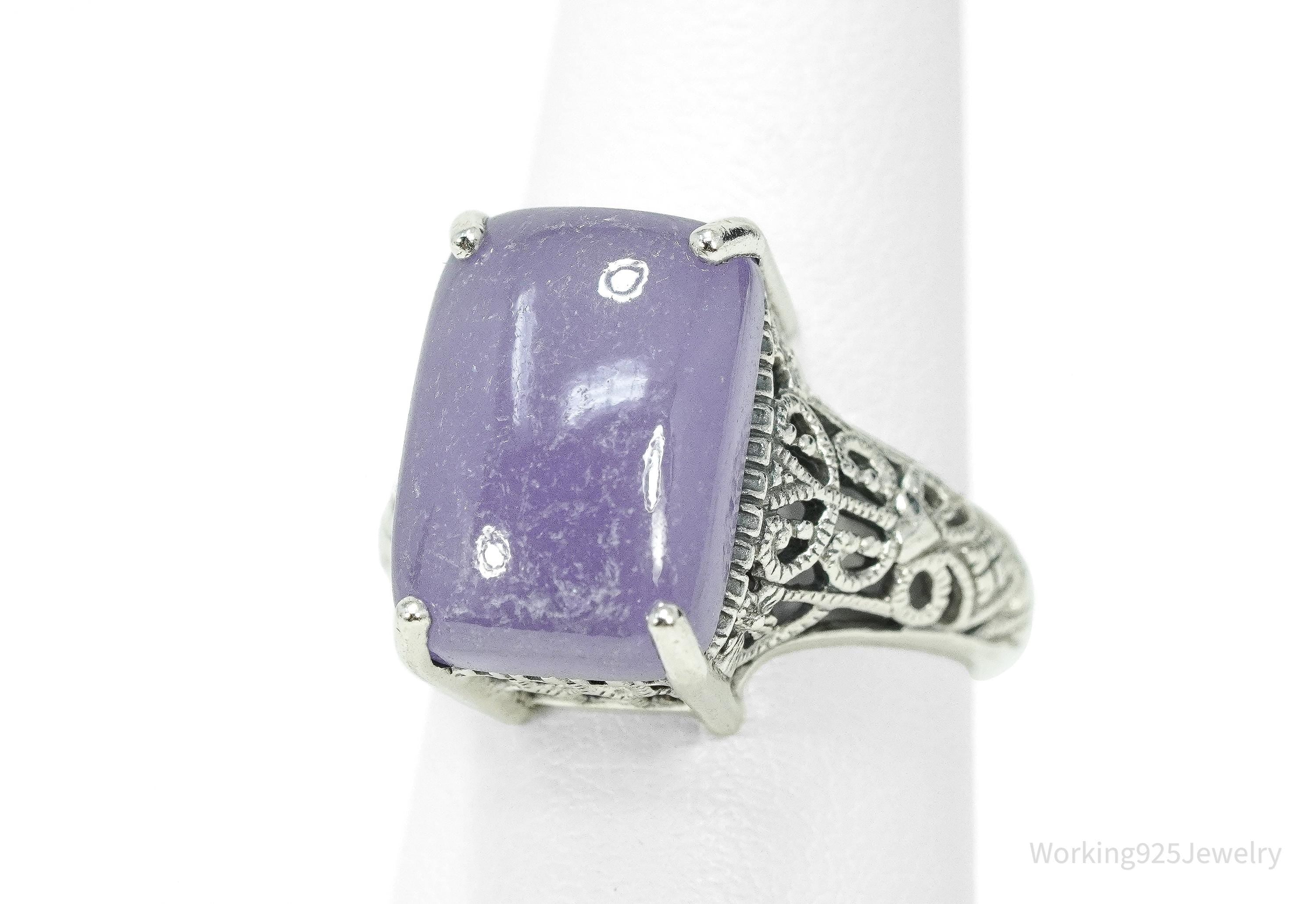 Vintage Lavender Jade Sterling Silver Ornate Ring - Size 5.25