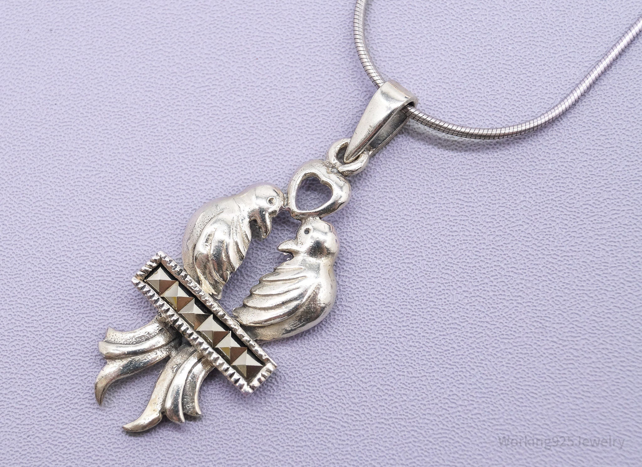 Vintage Love Birds Marcasite Sterling Silver Necklace 16"