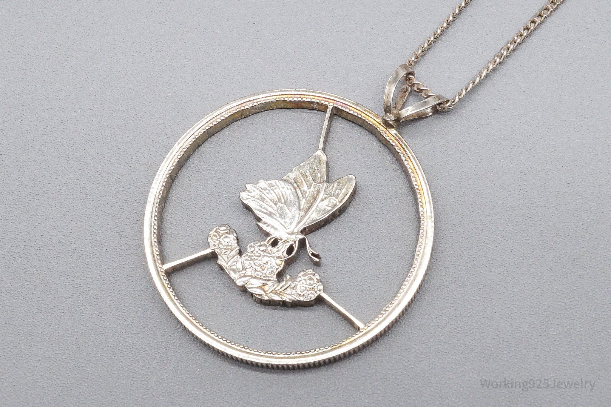 Antique Butterfly Cut Silver Coin Turned Pendant Sterling Silver Necklace 24"