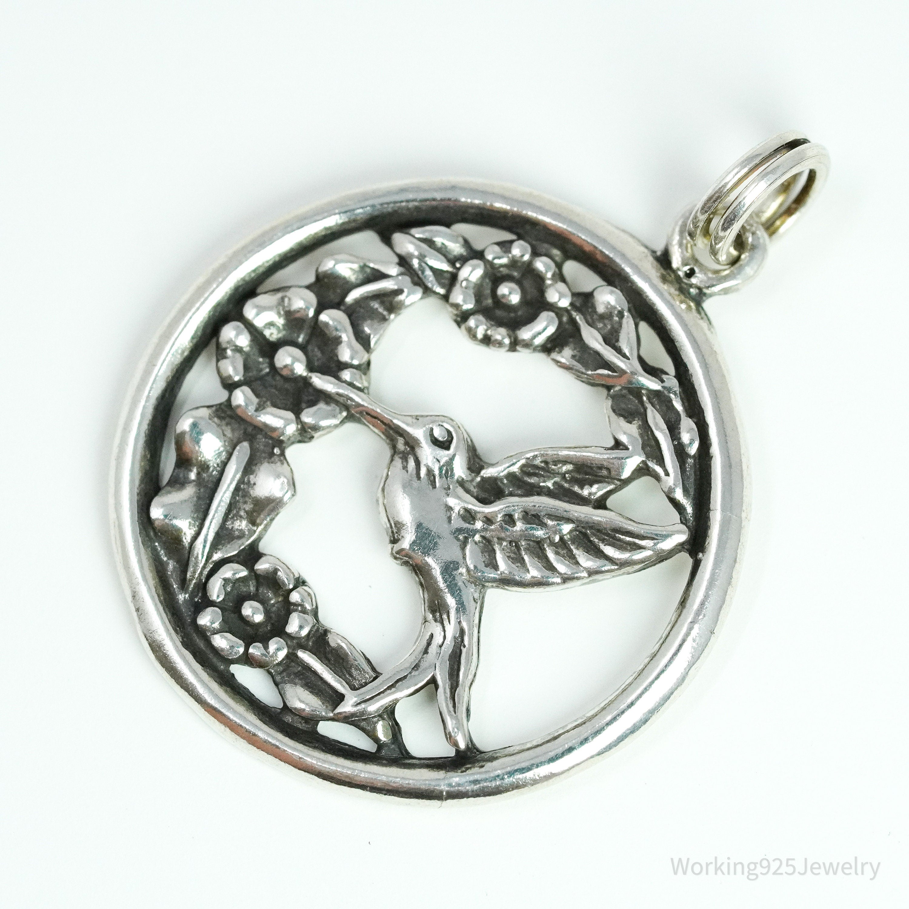 Vintage Hummingbird & Flowers Sterling Silver Charm Pendant