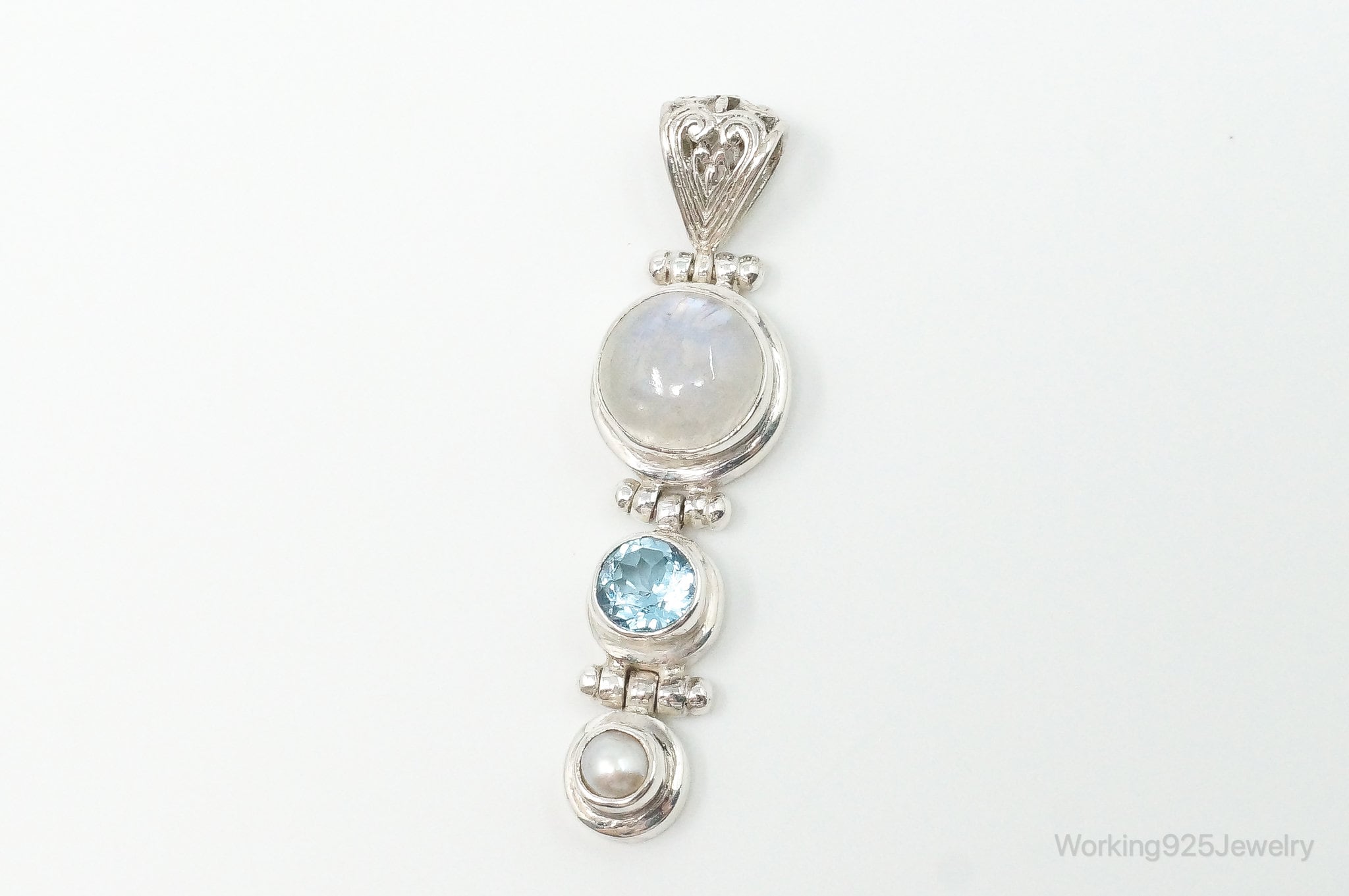 Large Designer SJ Blue Topaz Moonstone Pearl Sterling Necklace Pendant