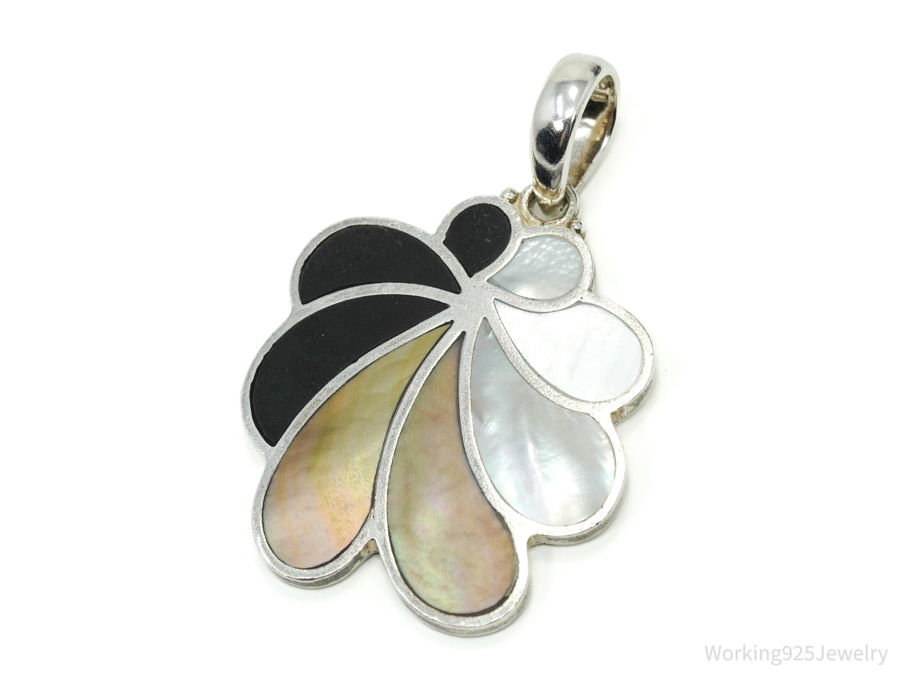 Vintage Sajen Large Mother Of Pearl Inlay Flower Sterling Silver Pendant