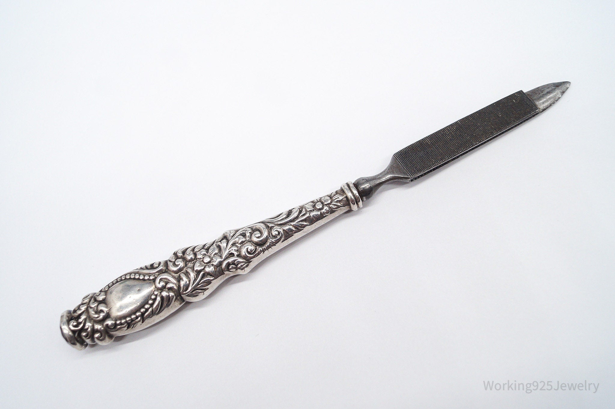 Large Rare Antique Repousse Purple Glass End Sterling Silver Nail File