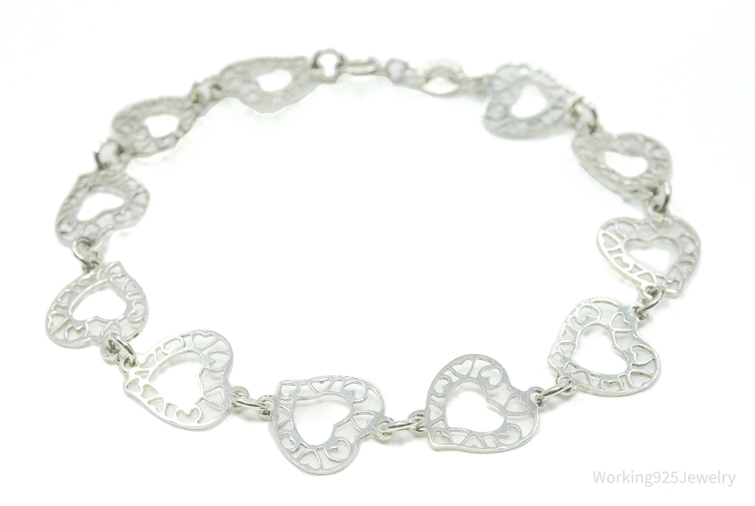Vintage Linked Hearts Sterling Silver Bracelet 7.25"