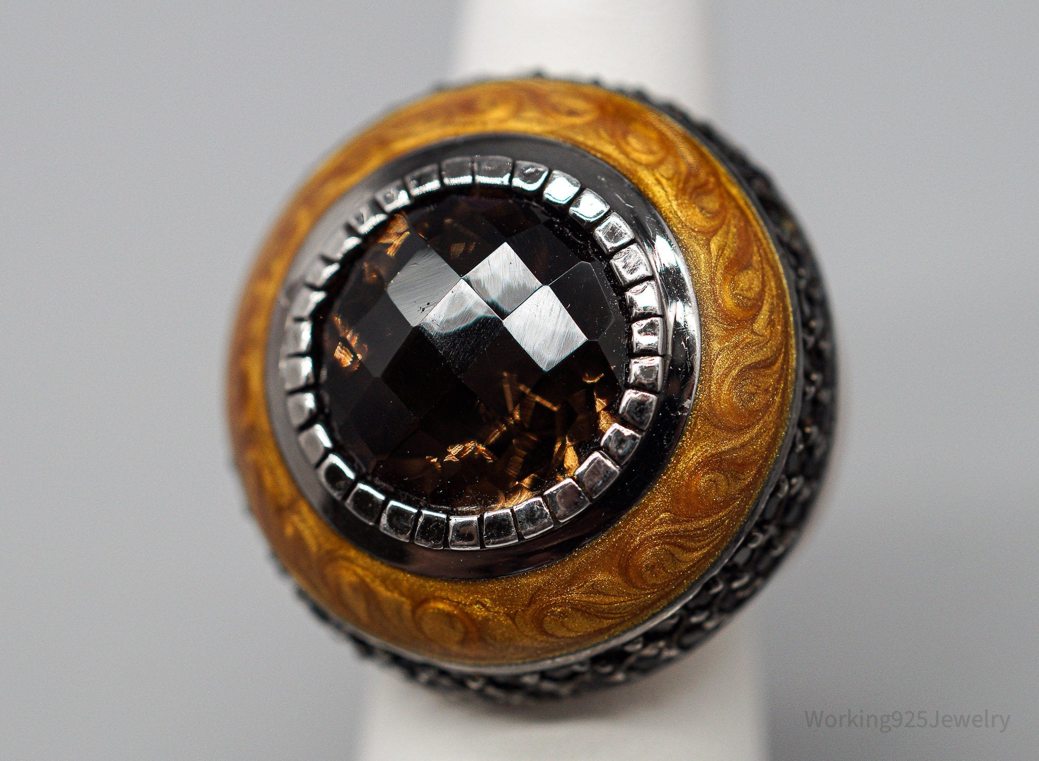 Vintage Large Smoky Topaz & Enamel Sterling Silver Ring - Size 5.75