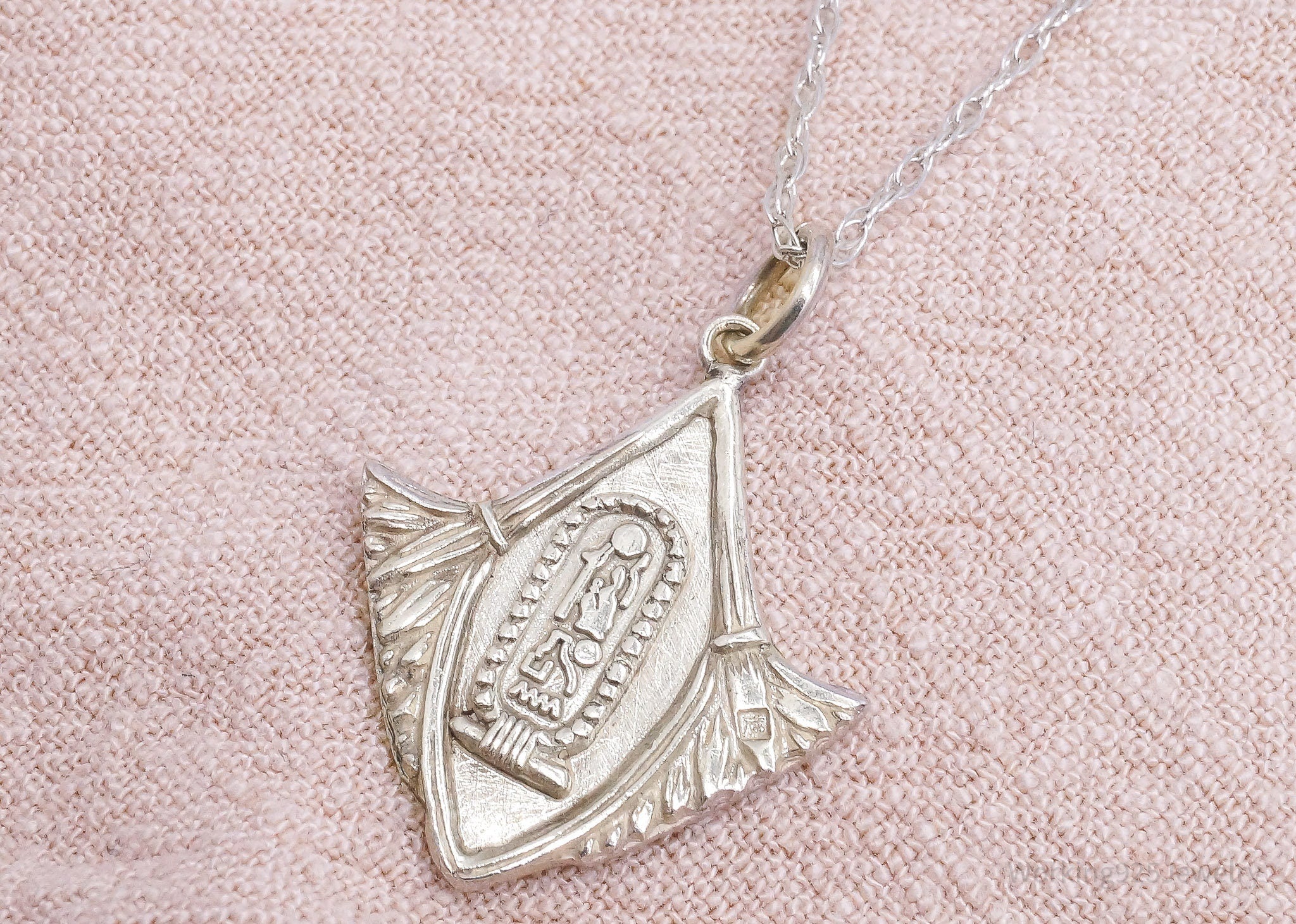 Vintage Ornate Egyptian Cartouche Sterling Silver Necklace 20"