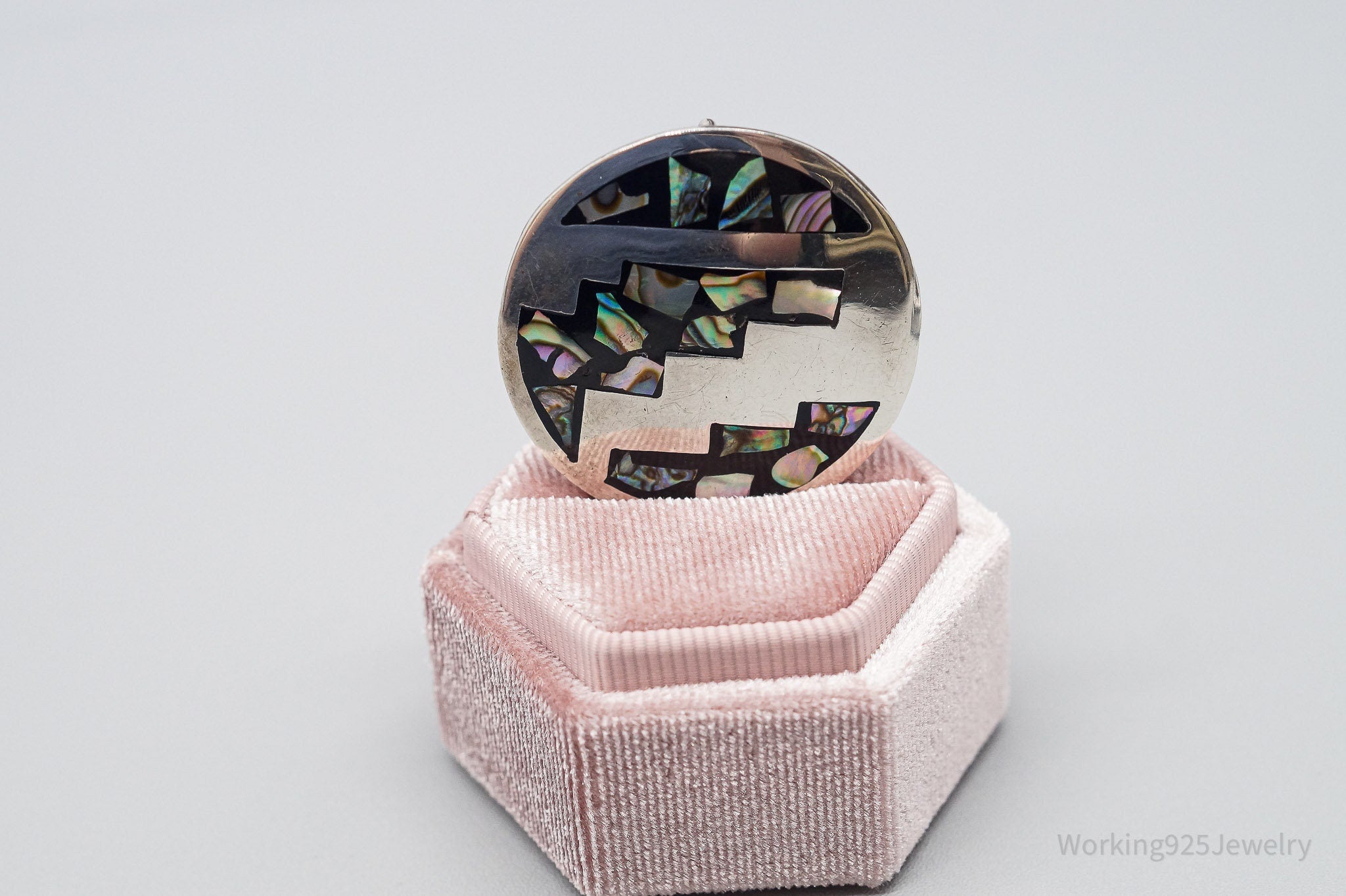 Large Vintage Taxco Mexico Abalone Paua Shell Inlay Sterling Silver Brooch Pin Pendant