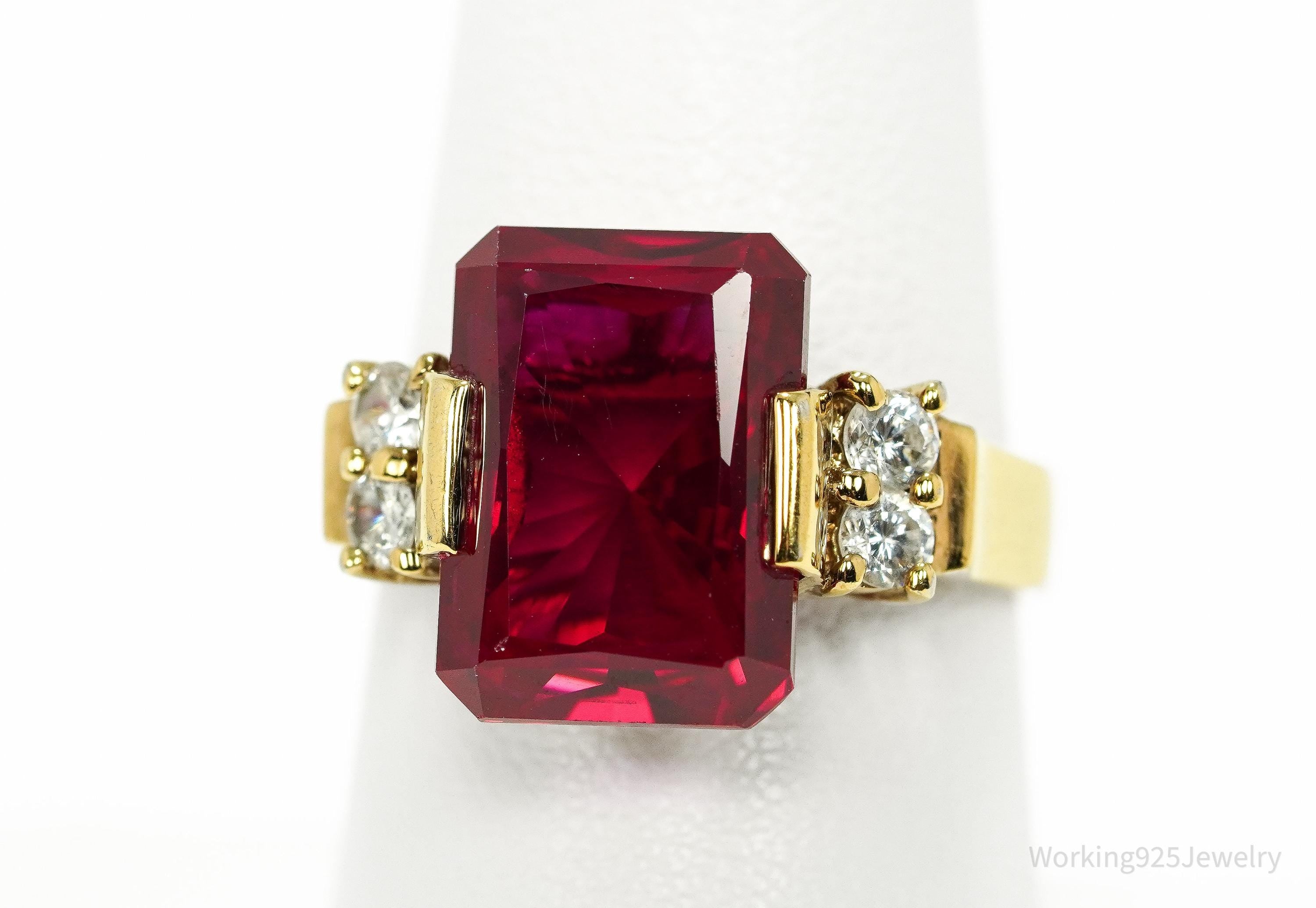 Vintage Ruby & Cubic Zirconia Gold Vermeil Sterling Silver Ring Size 8