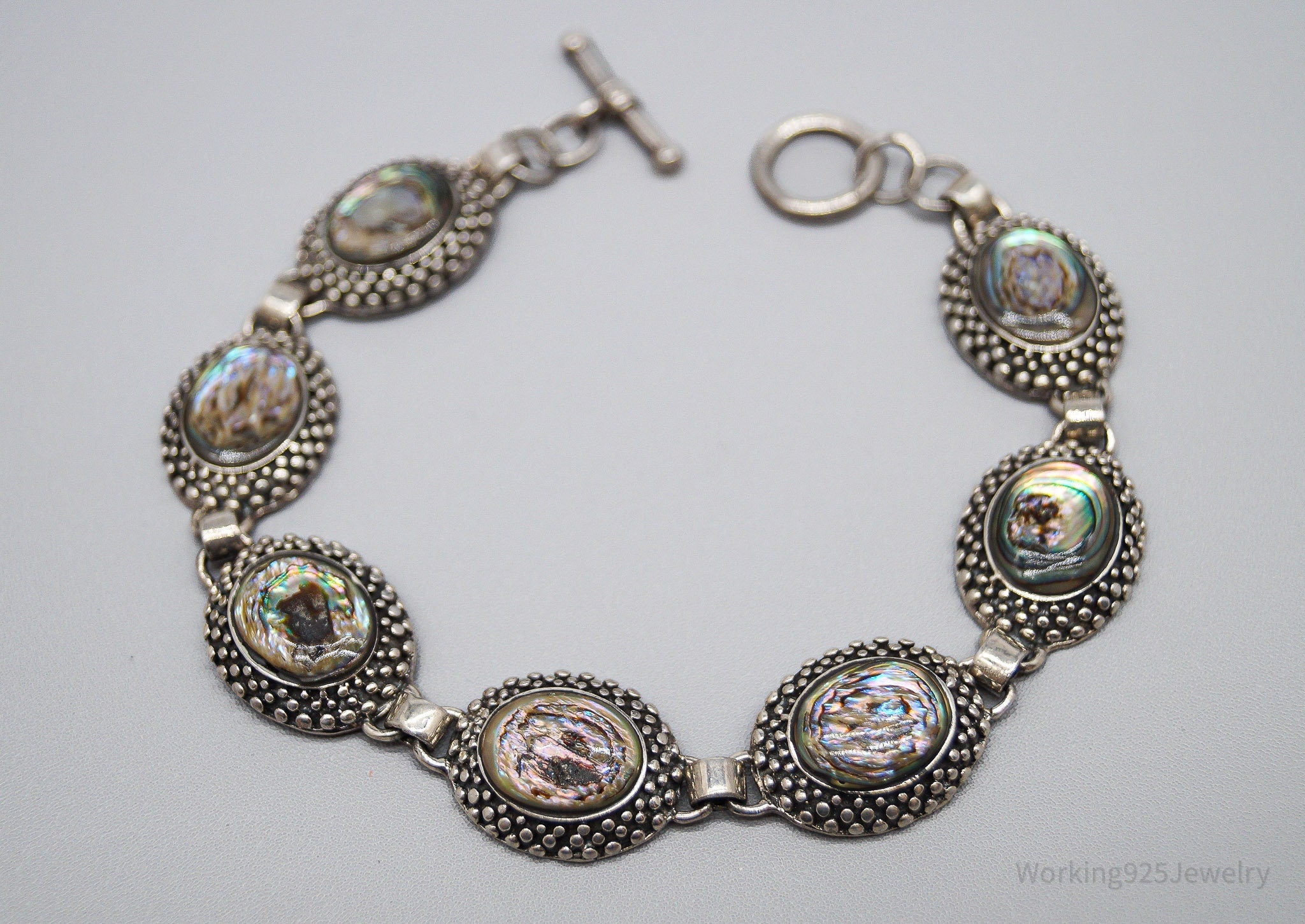 Vintage Paua Abalone Shell Inlay Sterling Silver Bracelet 8.25"