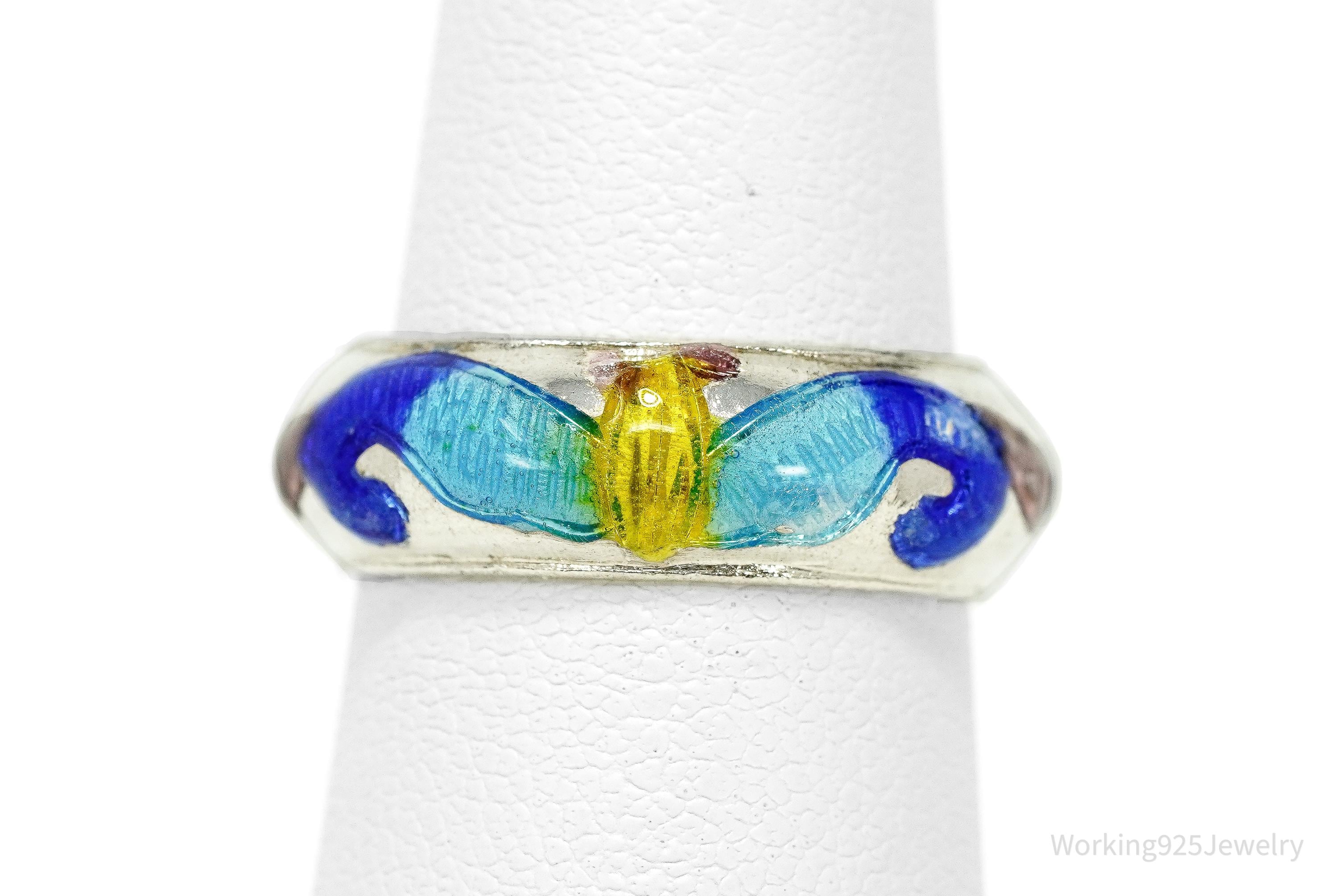 Vintage Enamel Silver Band Ring Size 6.25