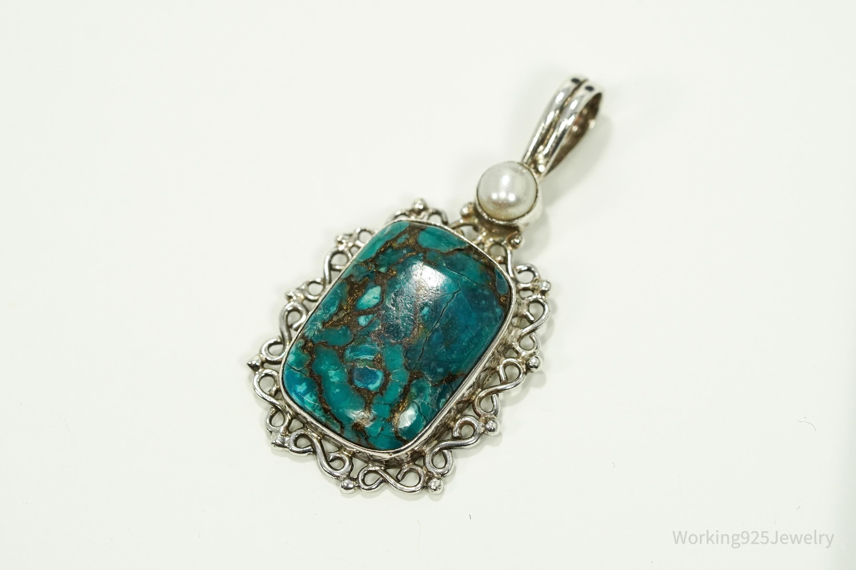 Vintage Turquoise & Pearl Sterling Silver Pendant