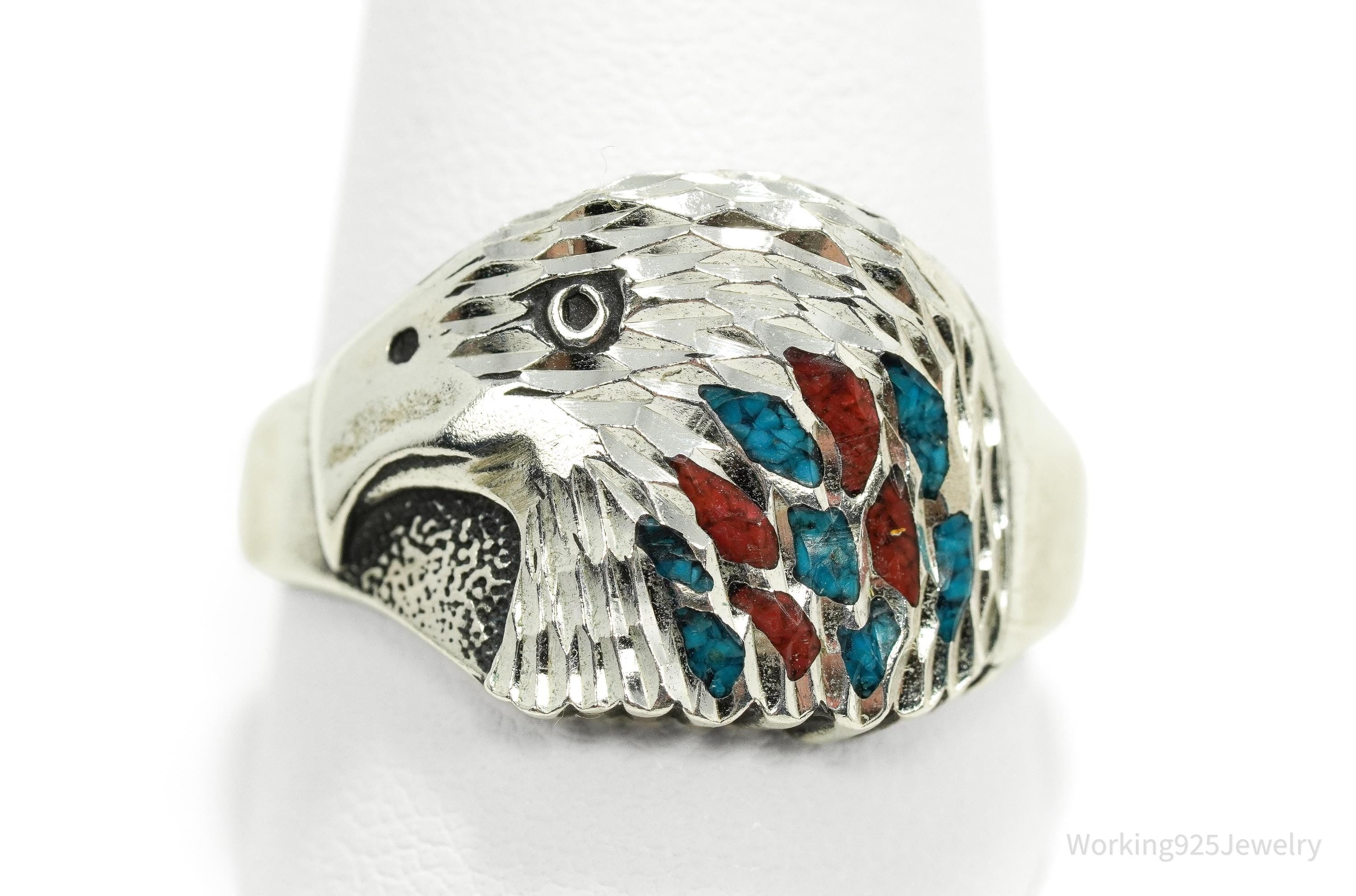 Vintage Native American Style Turquoise Coral Eagle Head Sterling Ring Size 12.25