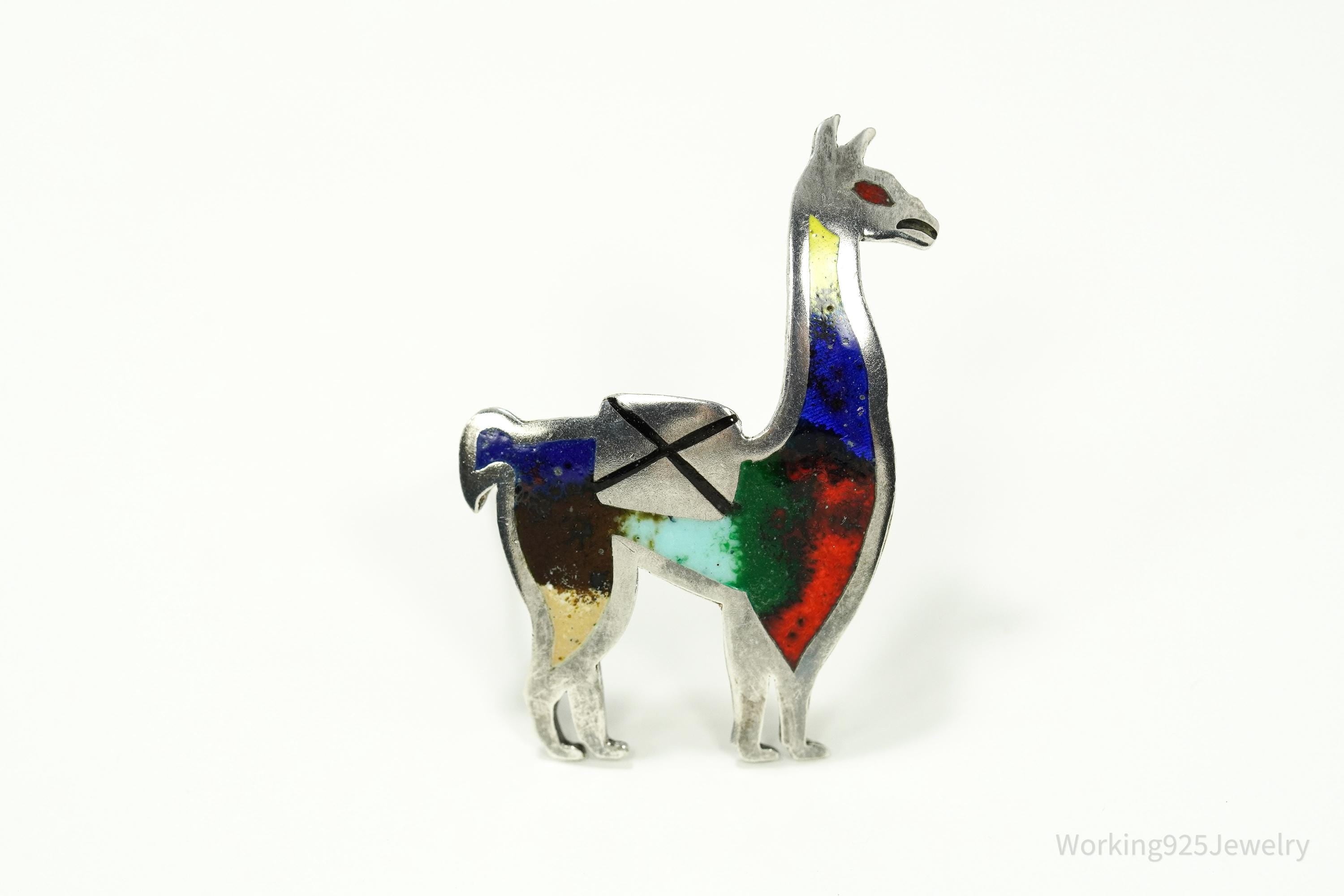 Vintage Peruvian Rainbow Enamel Llama Sterling Silver Brooch Pin