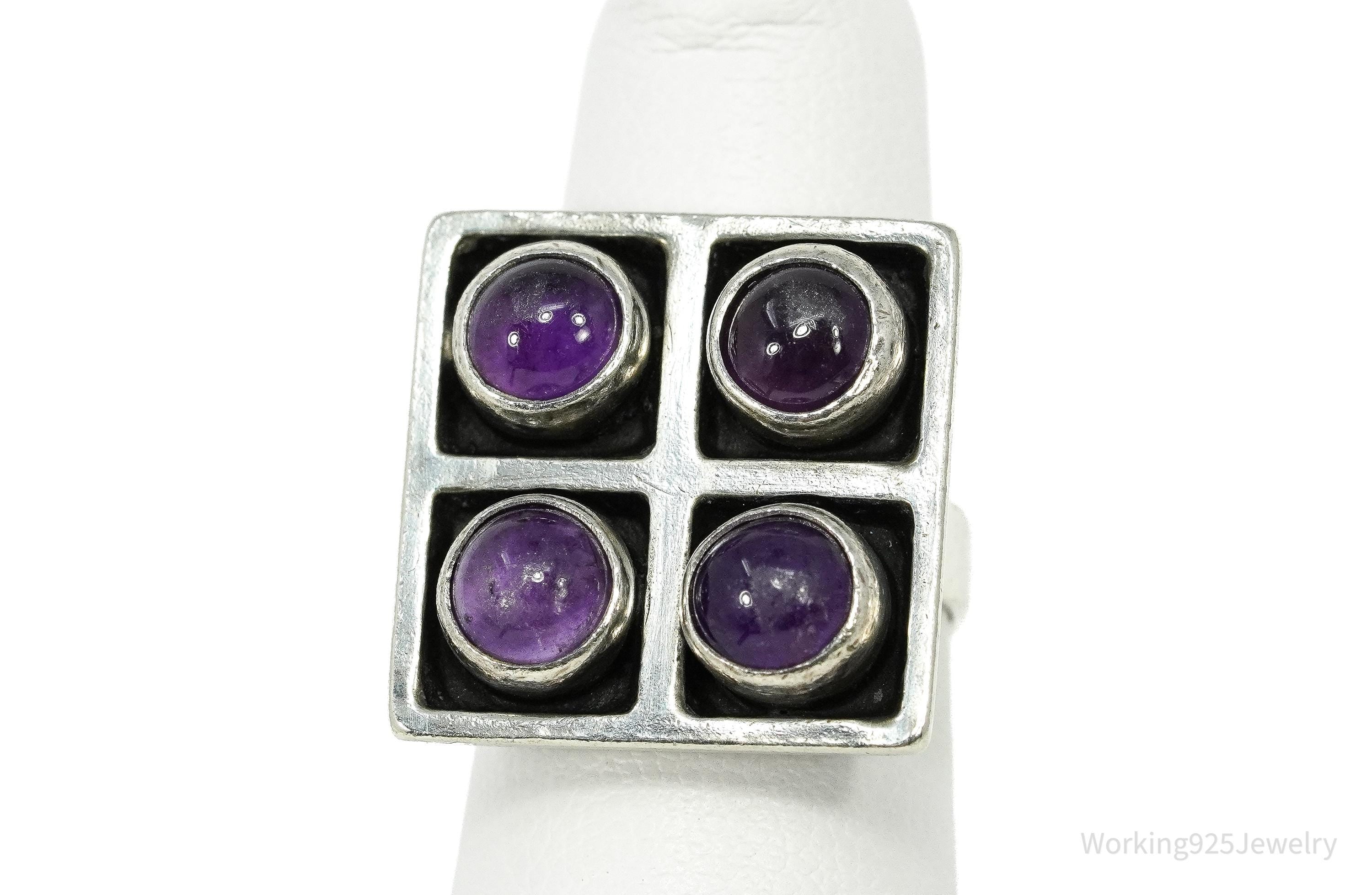 Vintage Amethyst Modernist 835 Silver Ring - Size 4.75