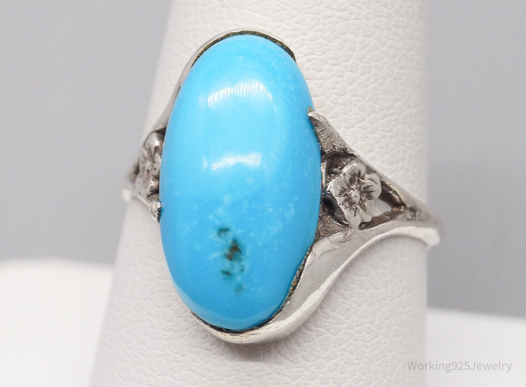 Vintage Native American Turquoise & Flowers Sterling Silver Ring - Size 8.75