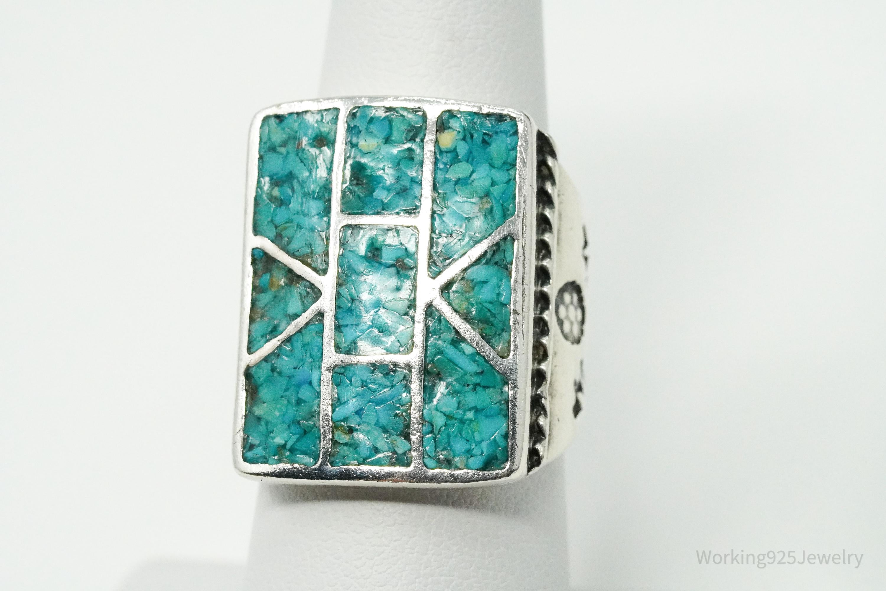 Vintage Native American Turquoise Inlay Unsigned Silver Ring - Size 7