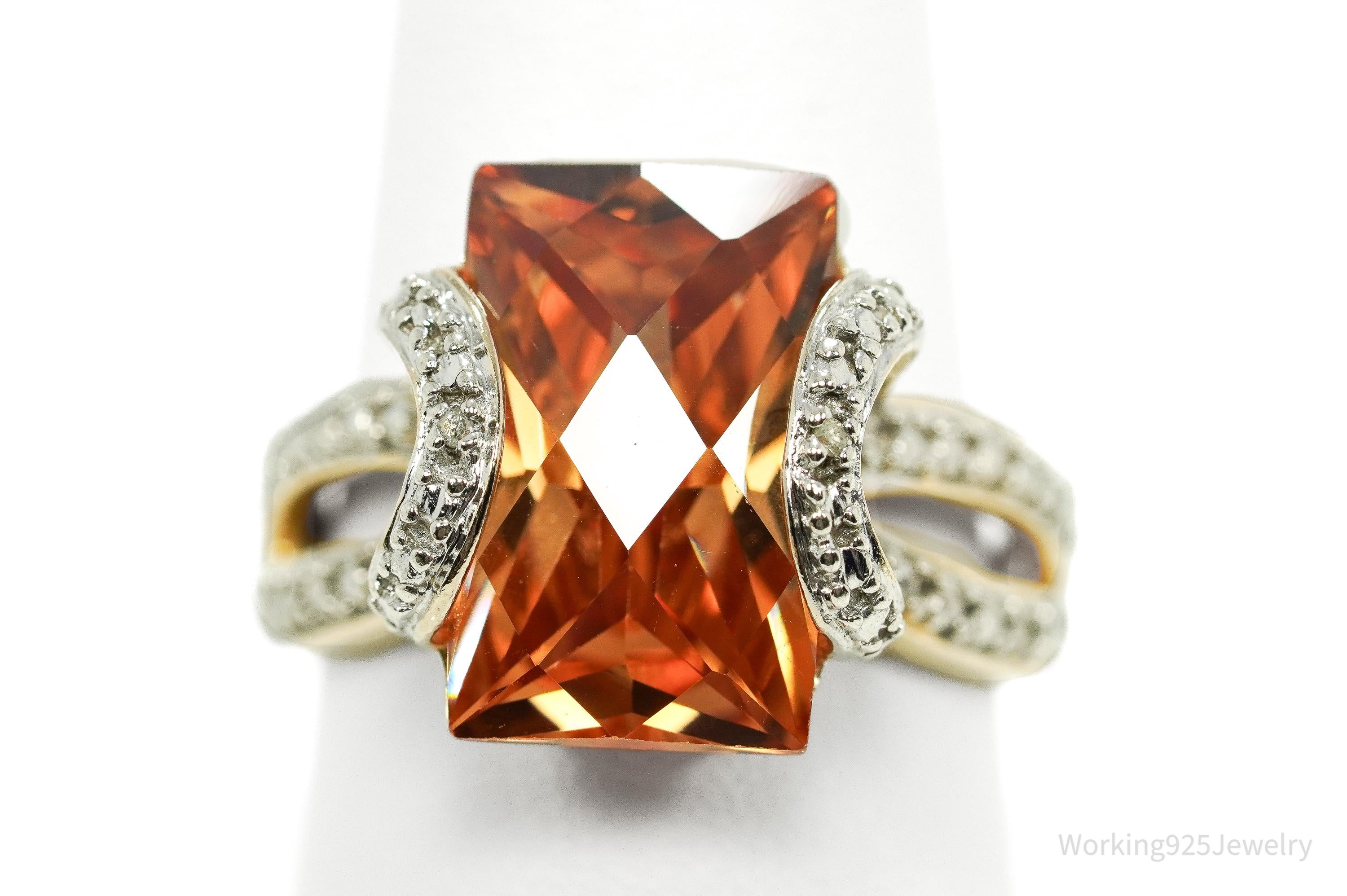 VTG Designer Ross Simons Orange Cubic Zirconia & Diamond Gold Over Sterling Silver Ring - Size 9.25
