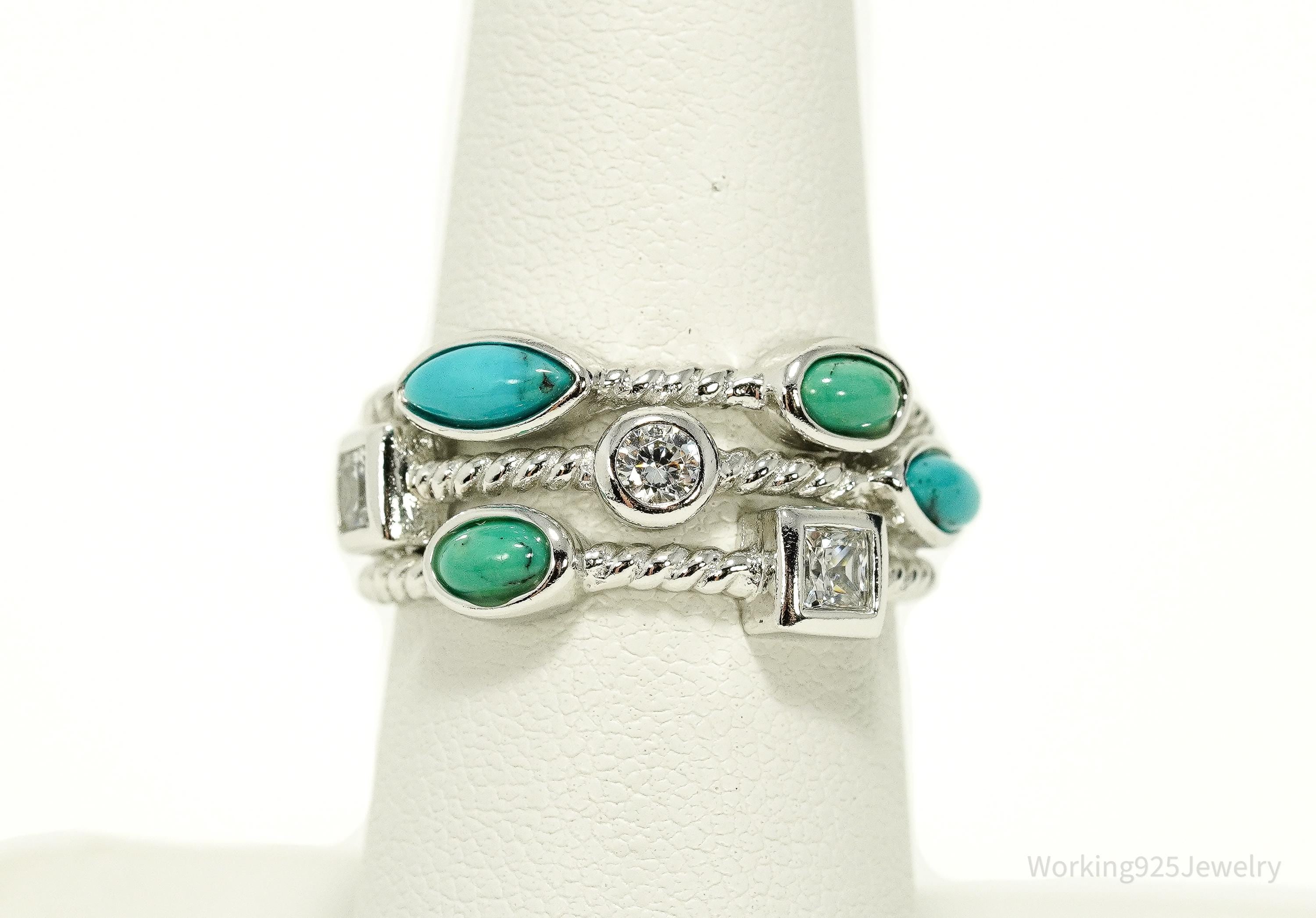 Vintage JOSEPH ESPOSITO ESPO Turquoise & Cubic Zirconia Sterling Silver Ring - Size 7